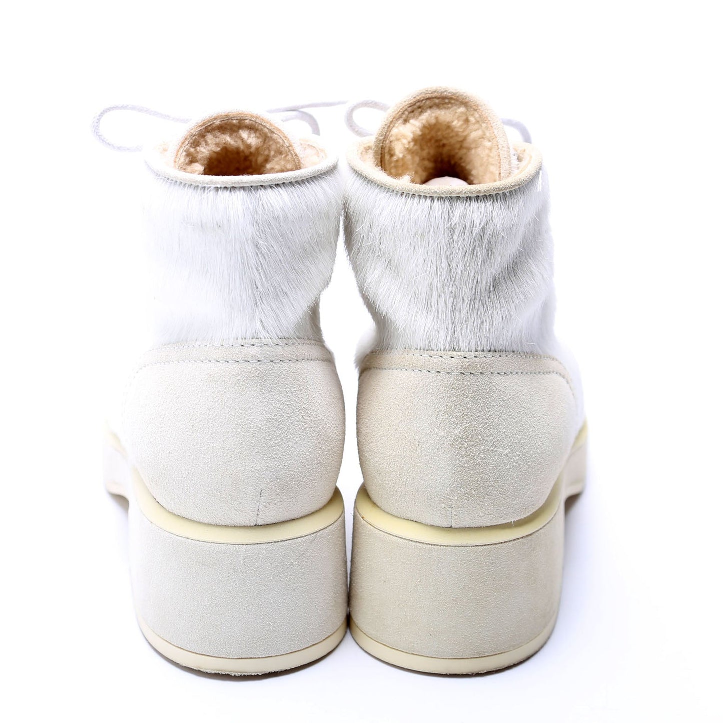 Chanel Pony Hair Lace Up Combat Boots Size 37.5 White