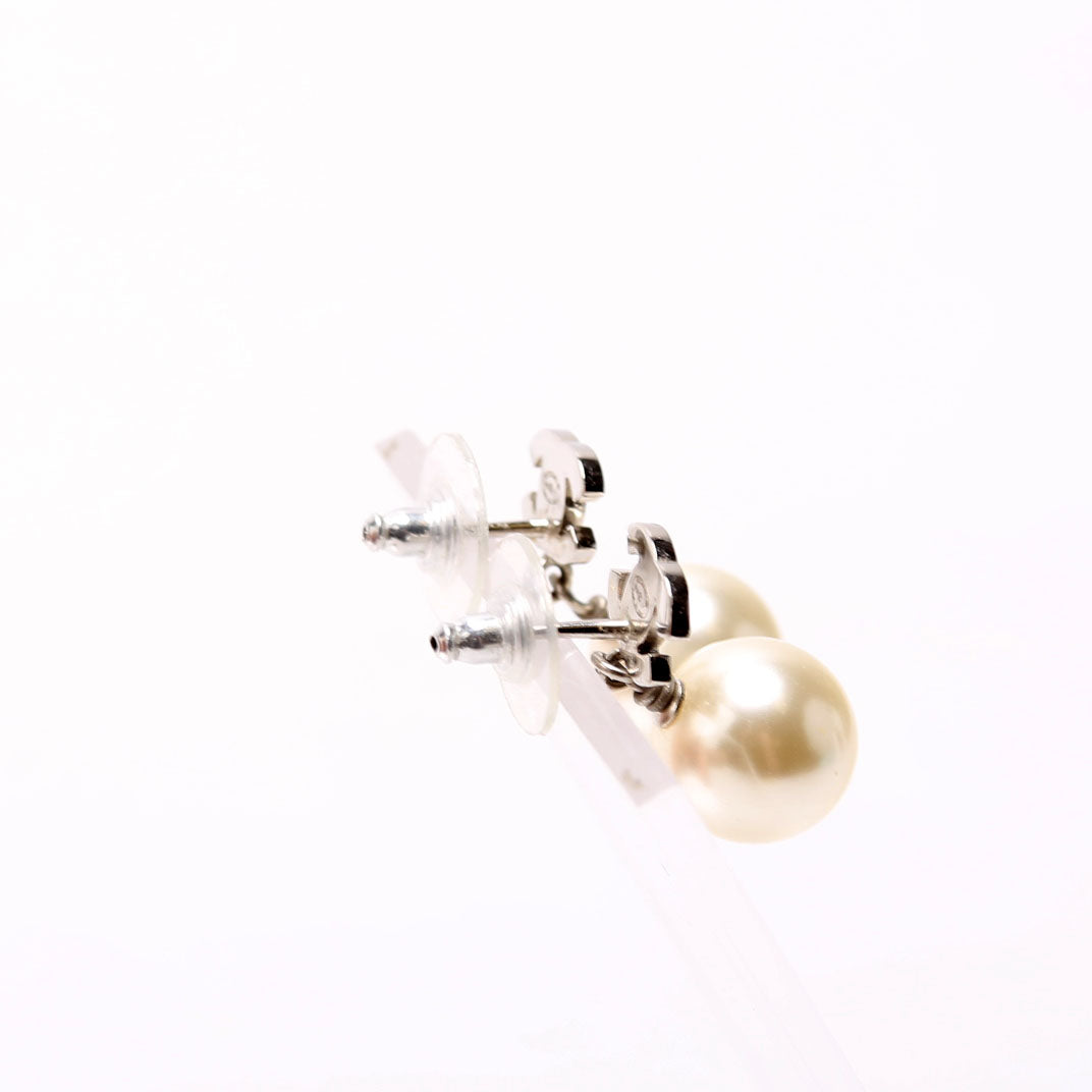 Chanel Crystal CC Pearl Drop Earrings Pearl/Silver