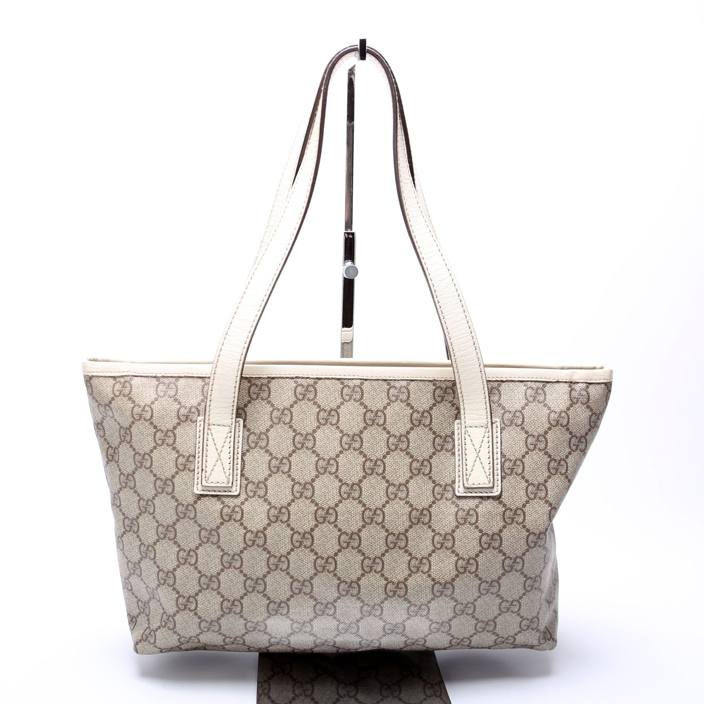 Gucci GG Supreme Zip White Tan Small Tote Bag