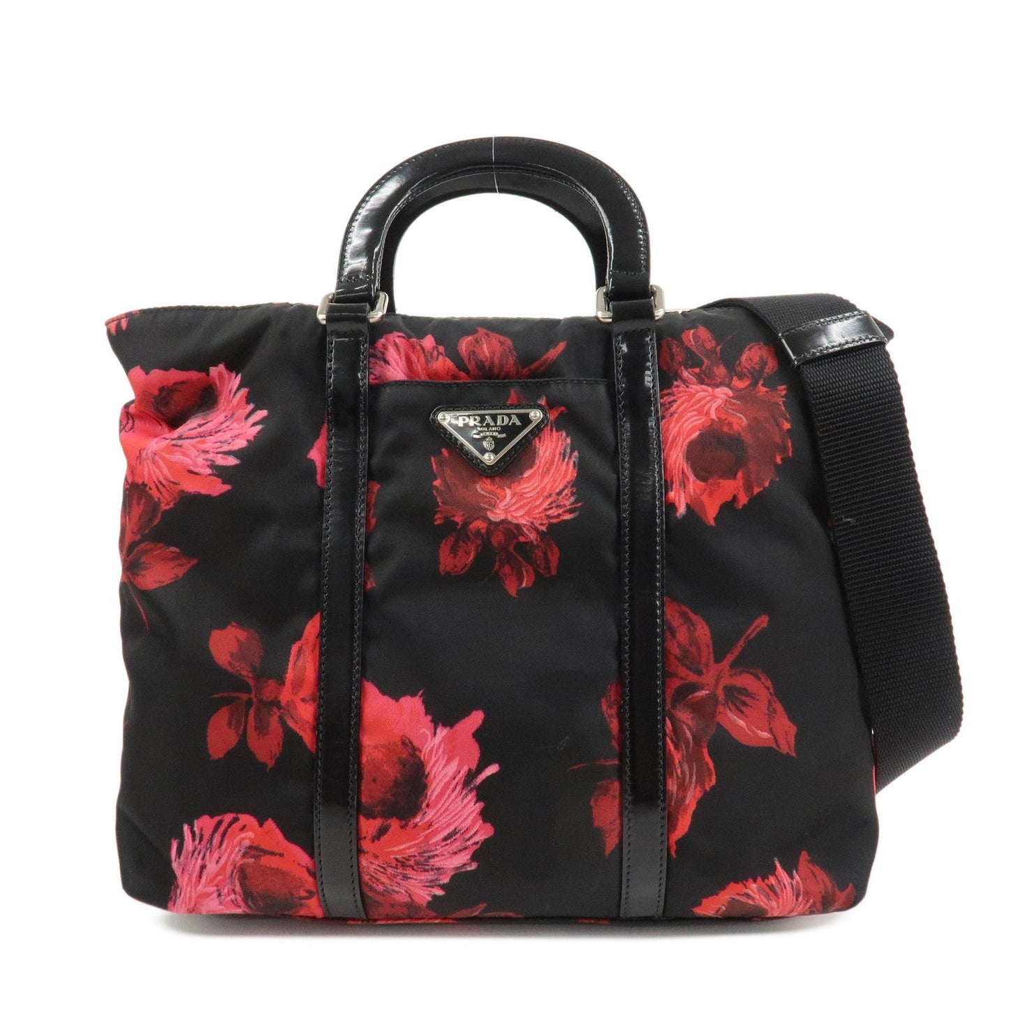 Triangle 2Way Bag Flower d Leather Patent Nylon Handbag