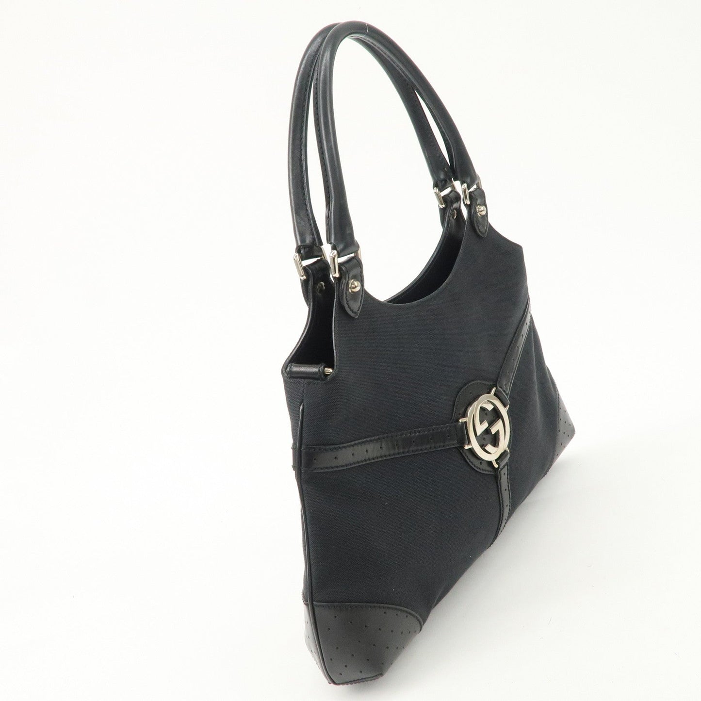 GUCCI Interlocking G Canvas Leather Hand Shoulder Bag Black 114875