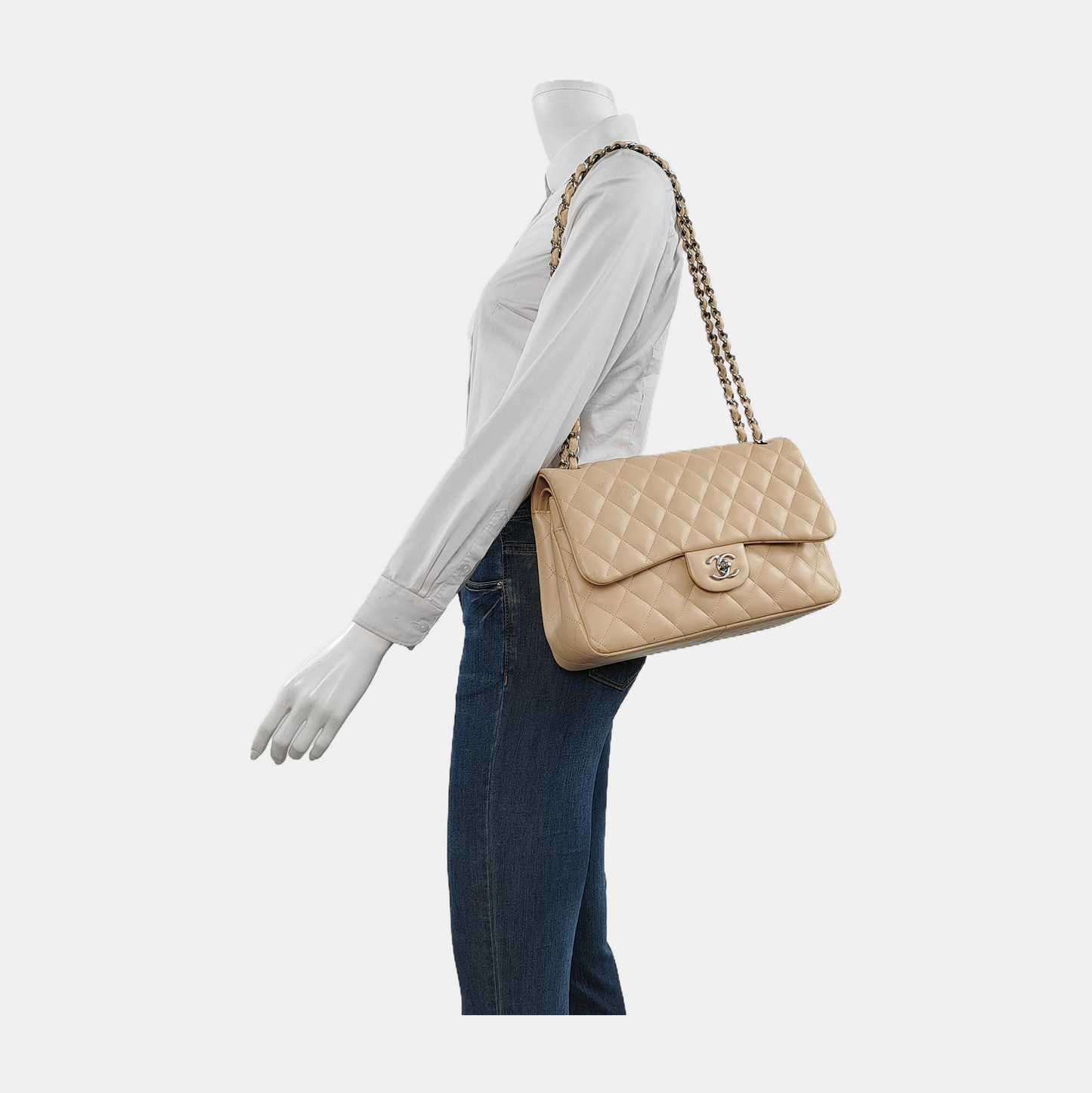 Chanel Classic Flap Jumbo Lambskin Single Flap Silver Beige Leather Handbag