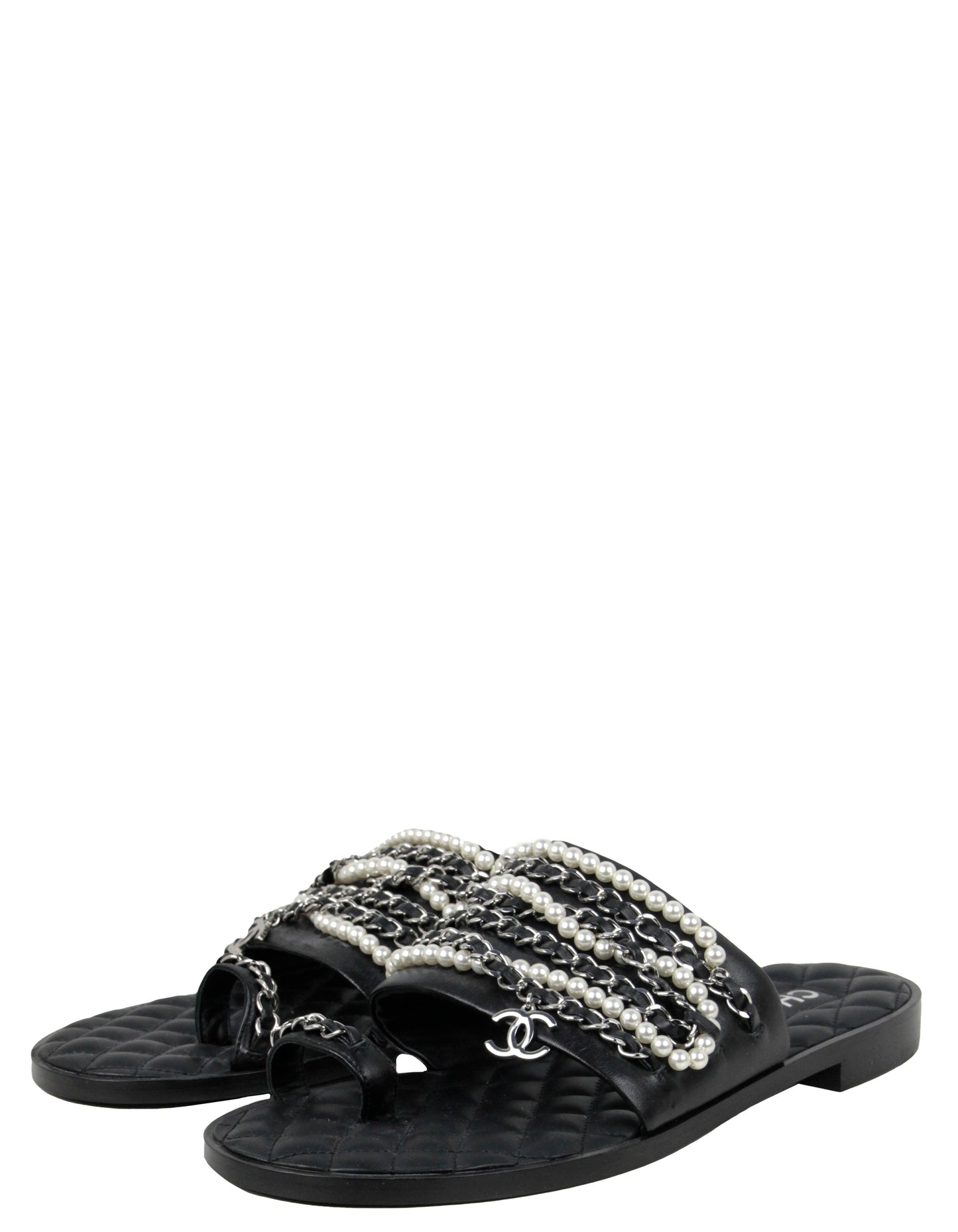 Chanel Pearl And Leather Laced Chain Sandals Sz 39C