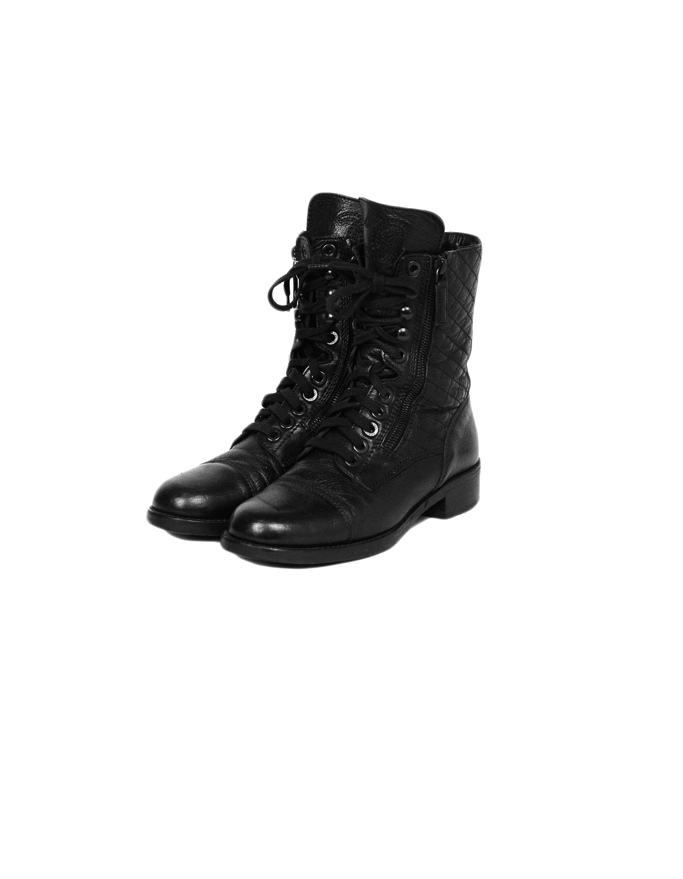 Chanel Black Leather Cc Combat Boots Sz 38