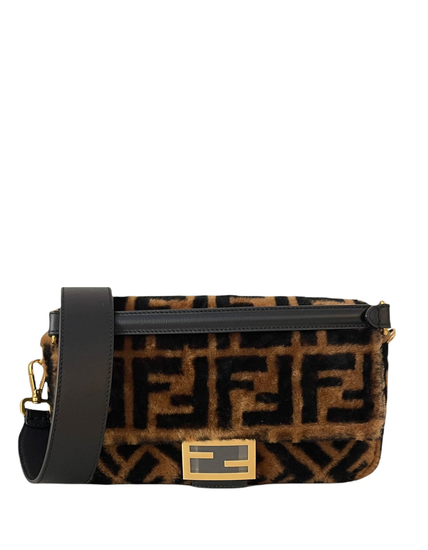 Fendi Handbag Sheepskin Baguette NM Bag w Two Straps Monogram Brown Shoulder Bag