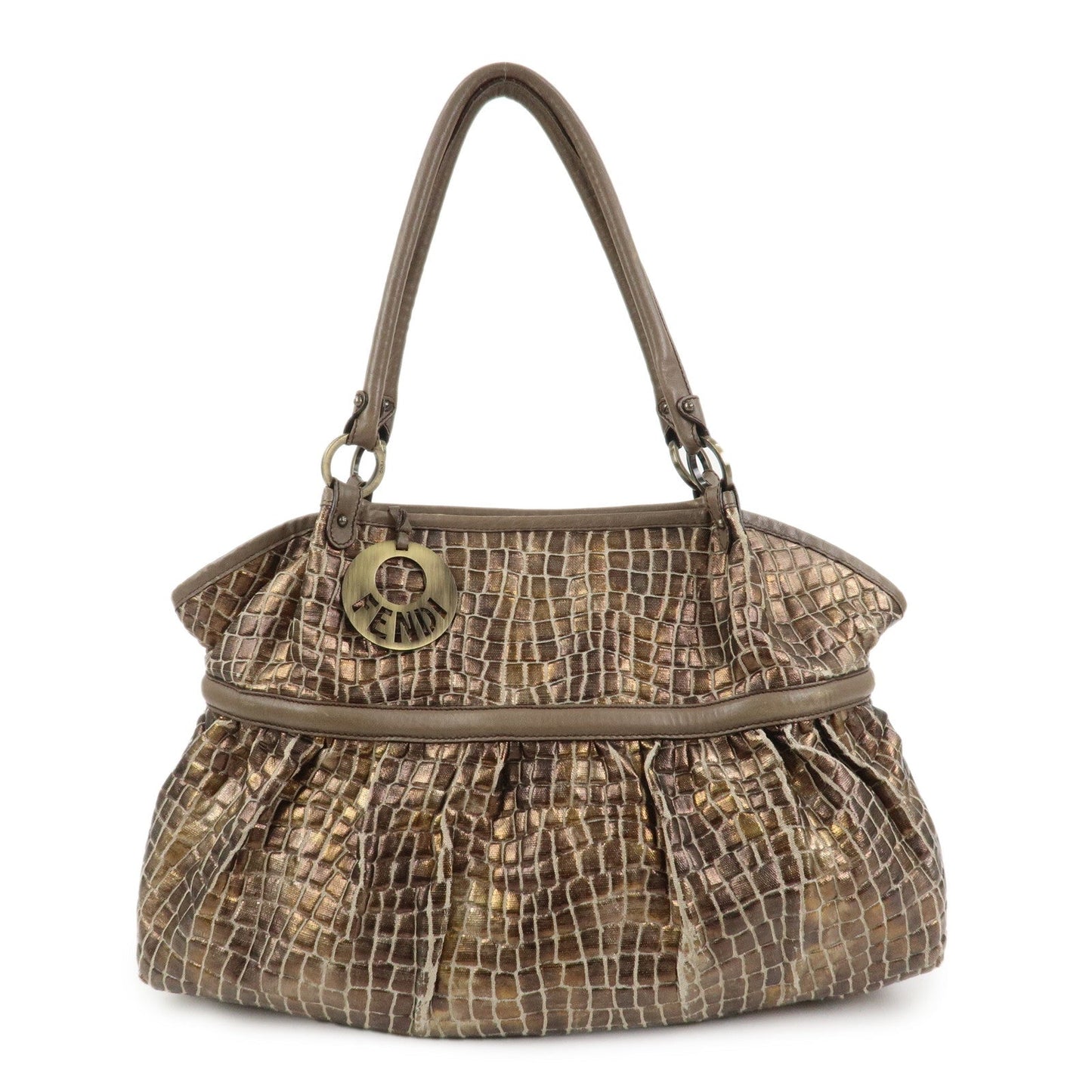 Tote Bag Gathered Shoulder Bag Leather Brown Embossed