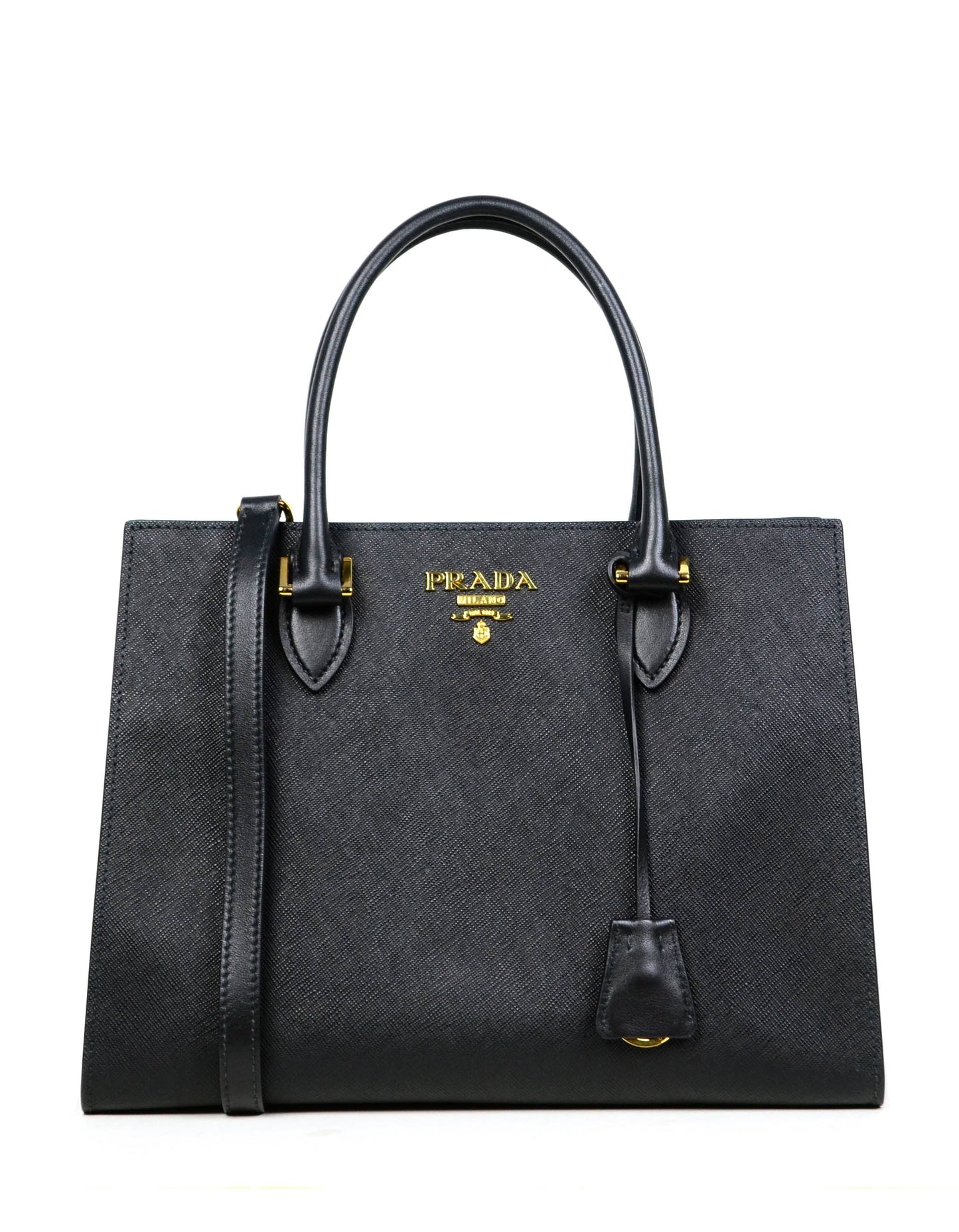 Prada Handbag Lux Convertible Tote Bag w Strap Leather Saffiano Black Crossbody Bag