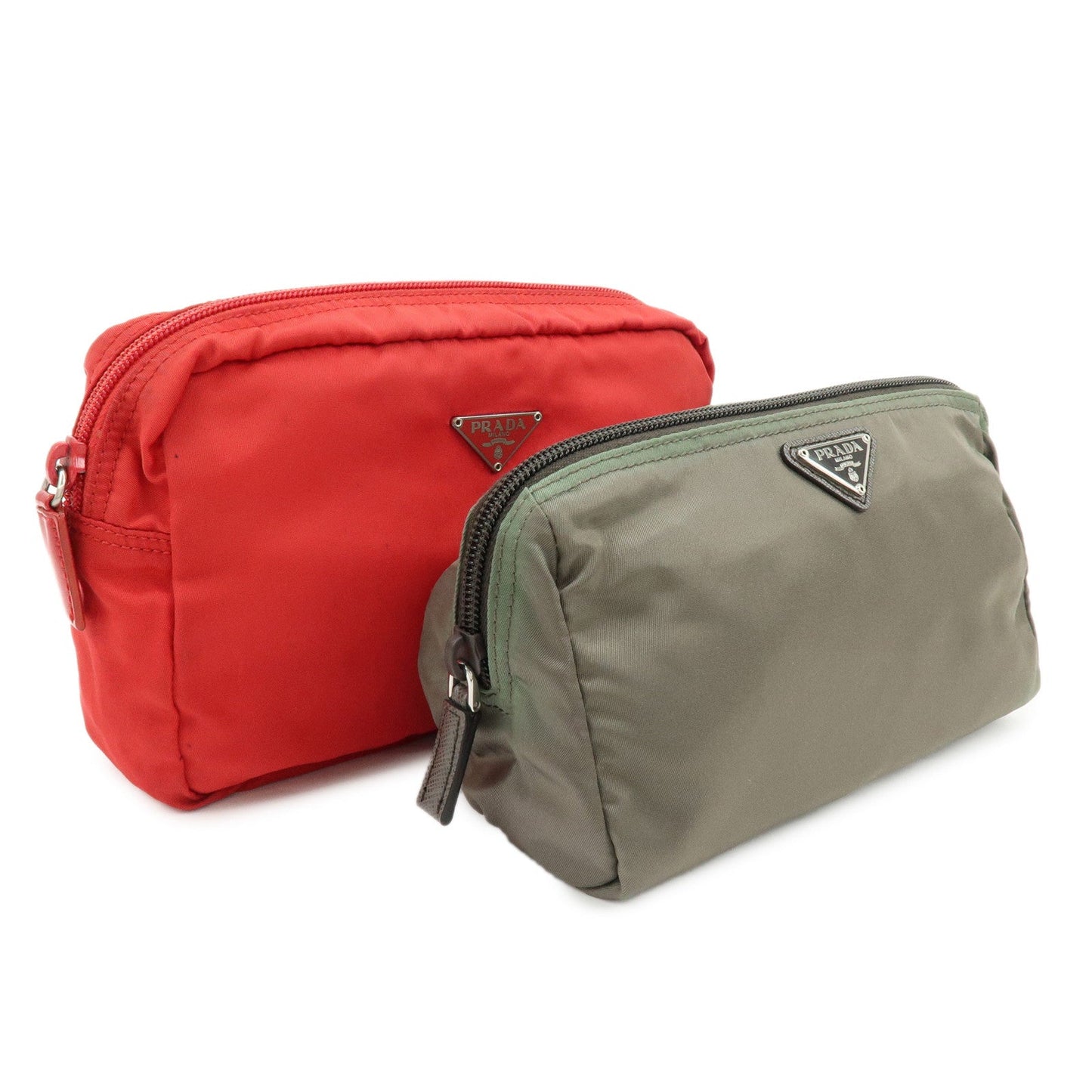 Triangle Set of 2 Pouch Cosmetic Pouch Khaki Nylon Red Logo Handbag