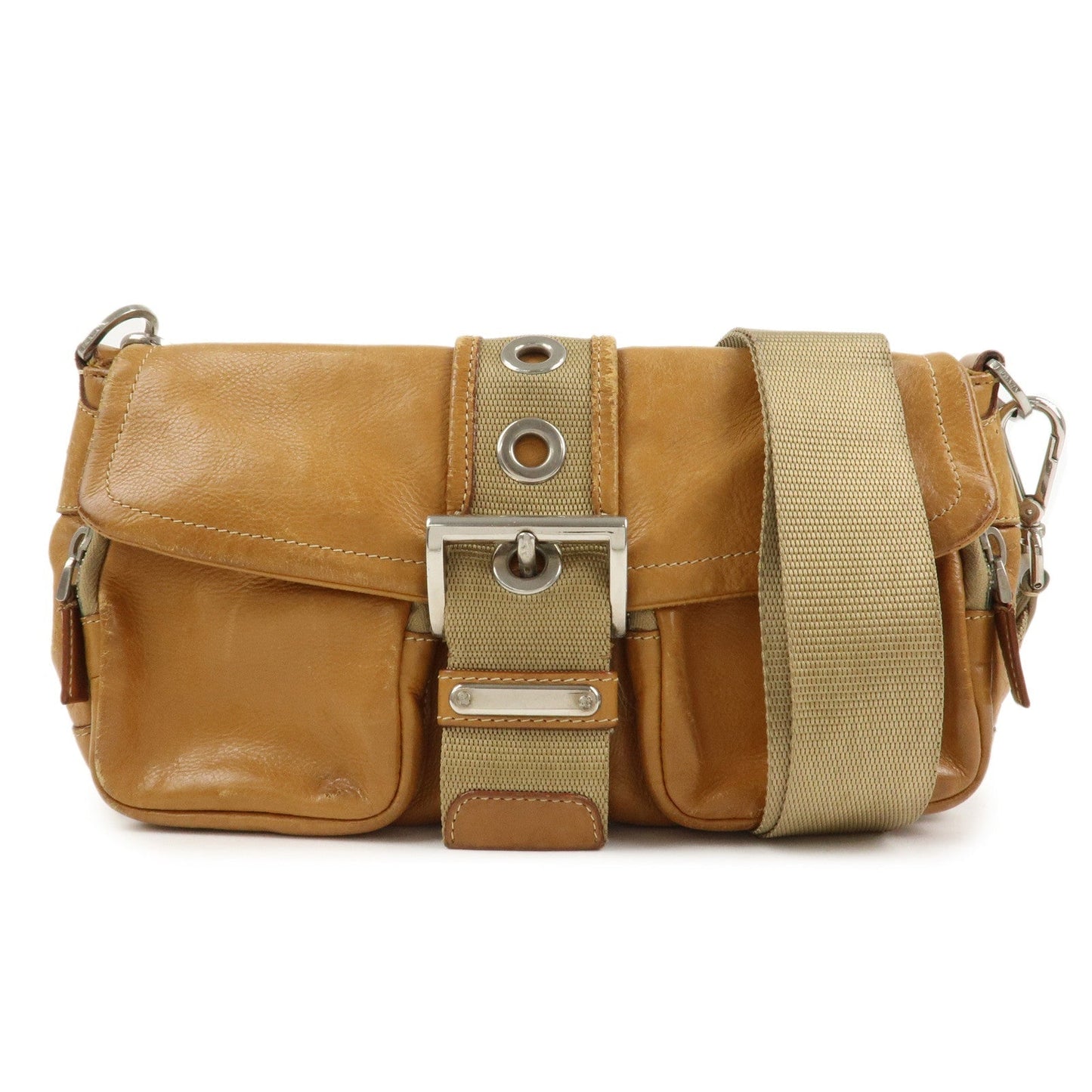 Shoulder Bag Triangle Front Pocket Leather Brown Logo