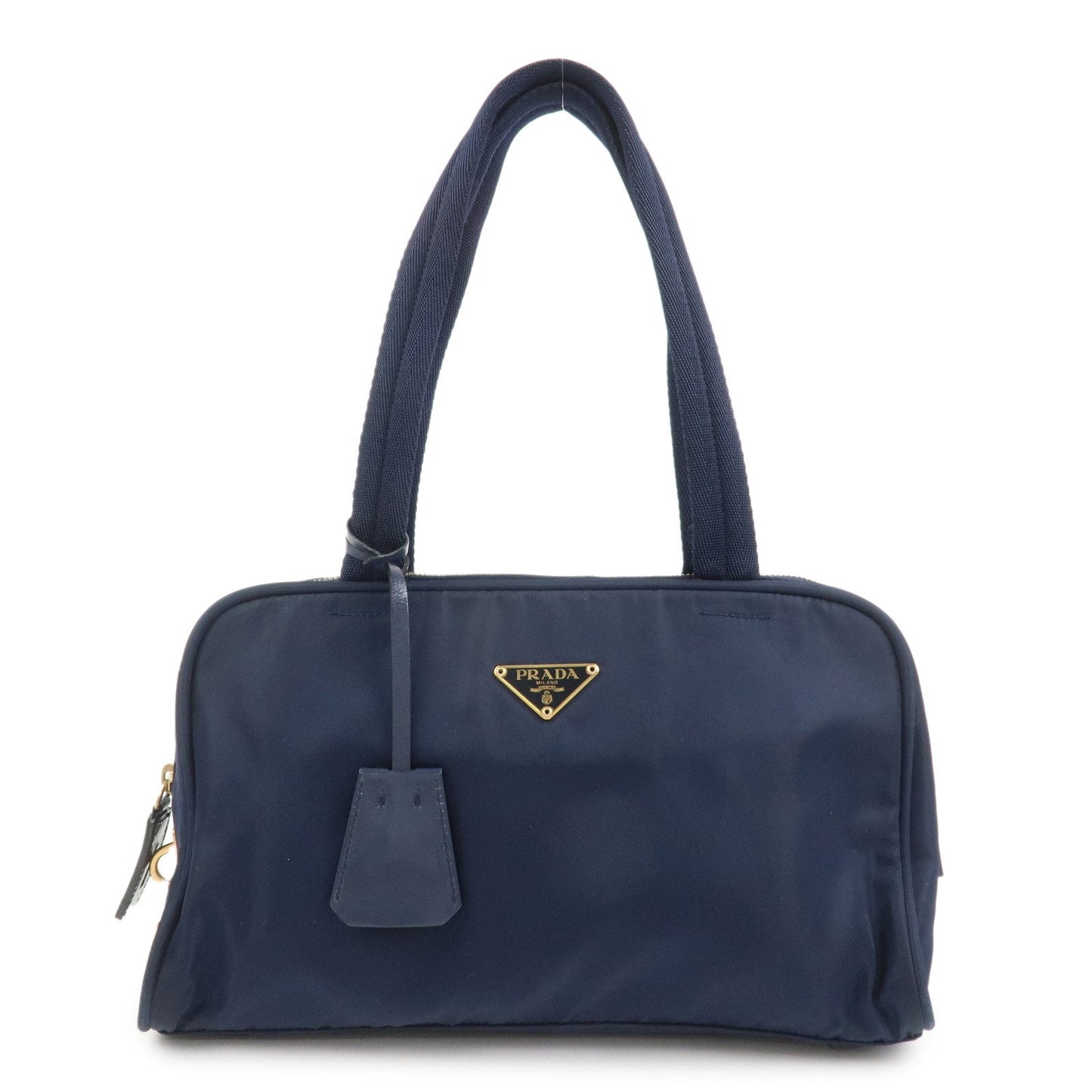 Triangle Hand Bag Leather Nylon Navy Handbag