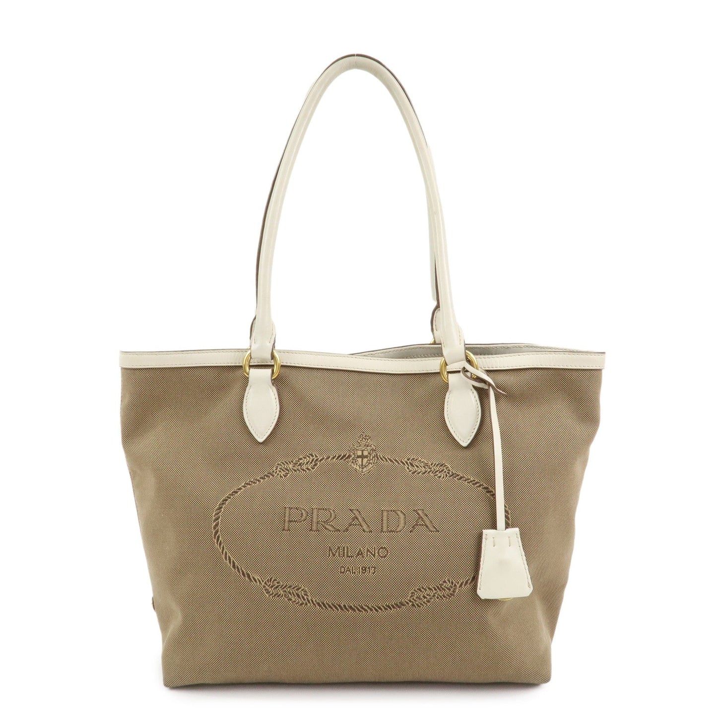 Tote Bag Jacquard Hand Bag Ivory Leather Beige Logo