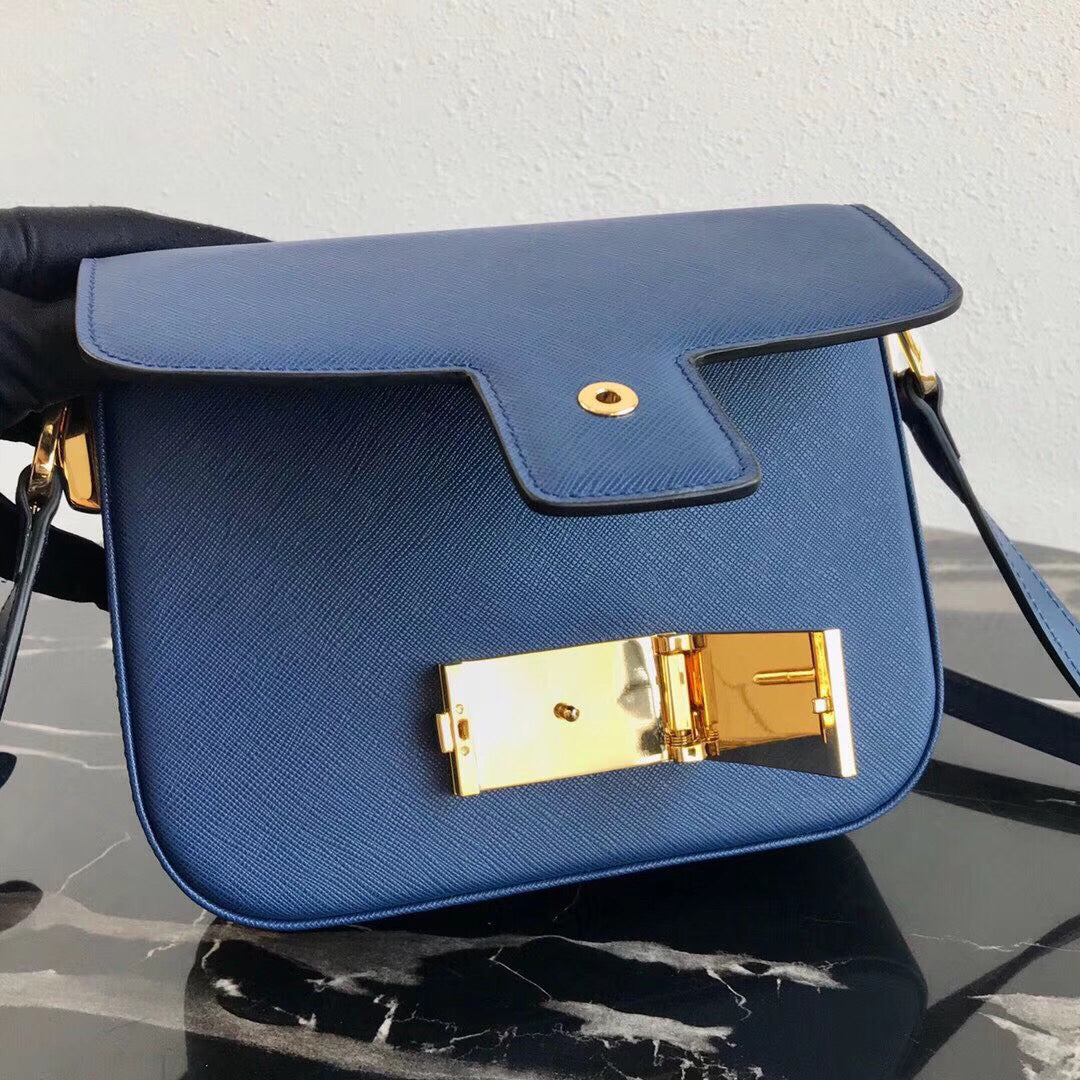 Prada Embleme Bag In Leather Saffiano Blue Travel Bag