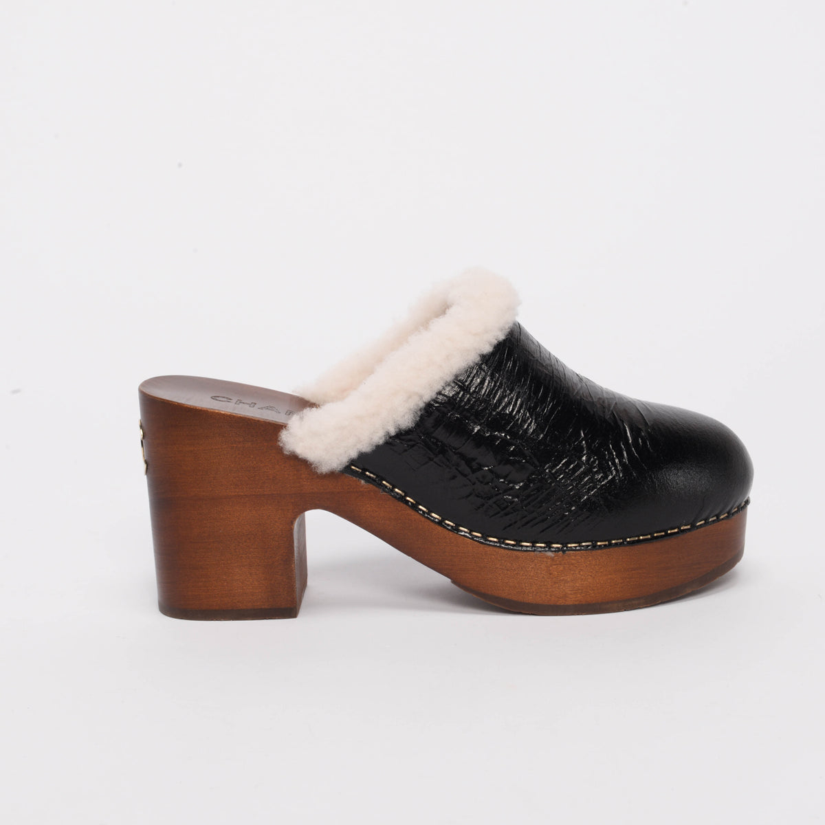 Chanel Black Crackled Sheepskin CC Clogs 38 Women Shoes