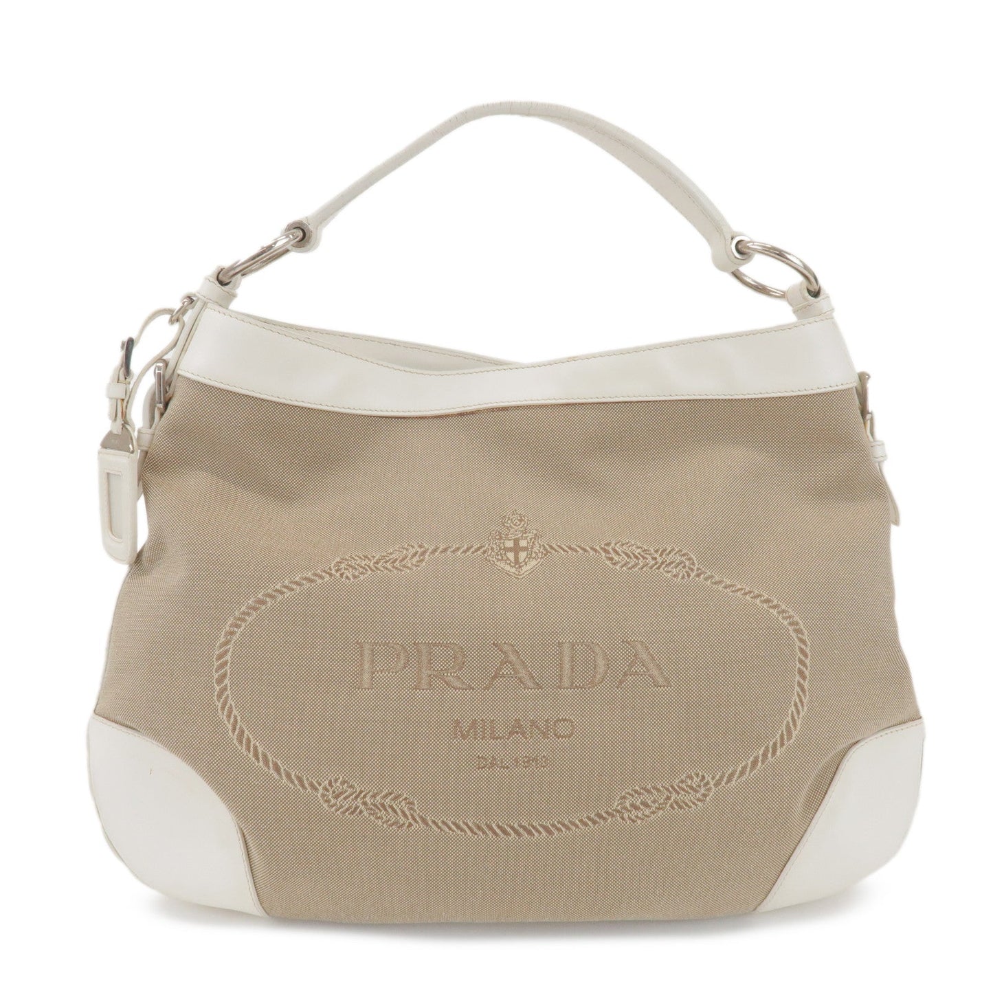 Shoulder Bag Jacquard Hand Bag Ivory Leather Canvas Beige