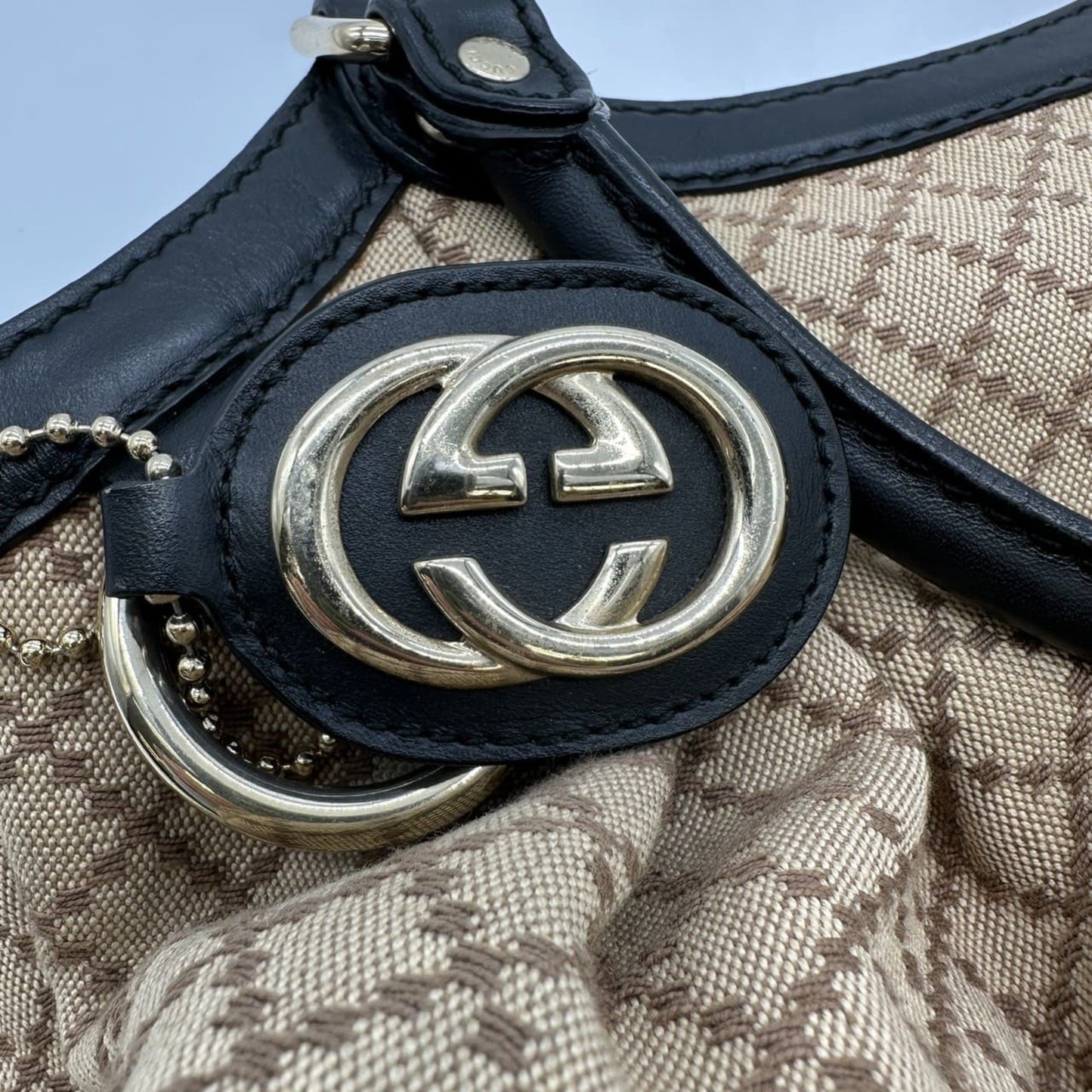 Gucci Beige Black Brown Canvas Leather Tote Bag