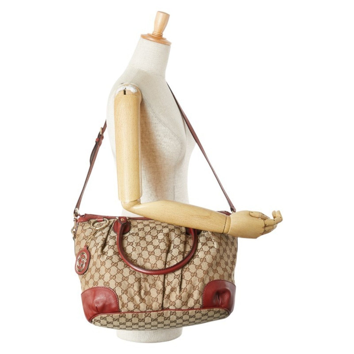 Gucci Beige Red Color Canvas Leather Shoulder Bag Tote Bag