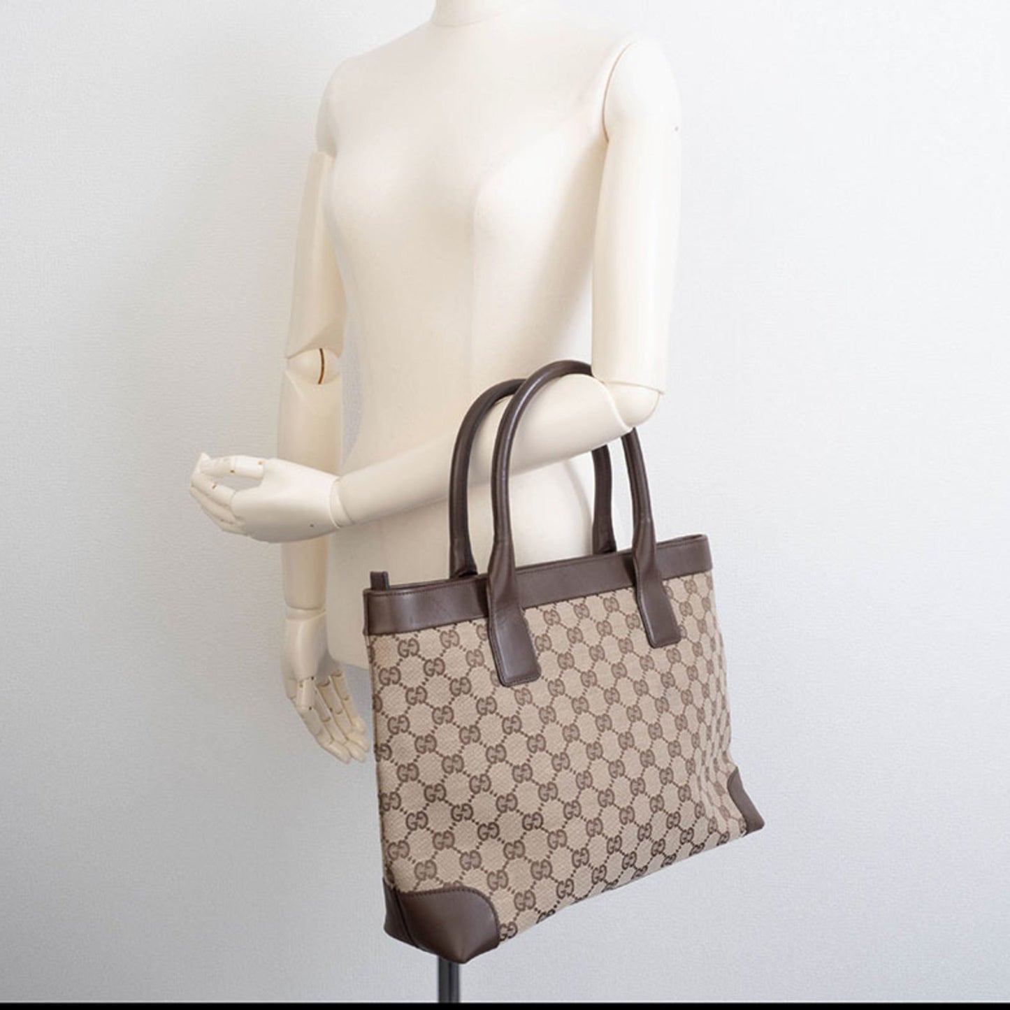 Gucci Gg Canvas Beige Brown Gg Canvas Leather Tote Bag