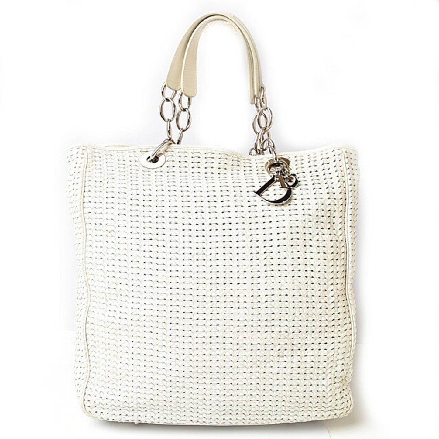 Dior Handbag Christian Lady Tote Bag Leather White Silver