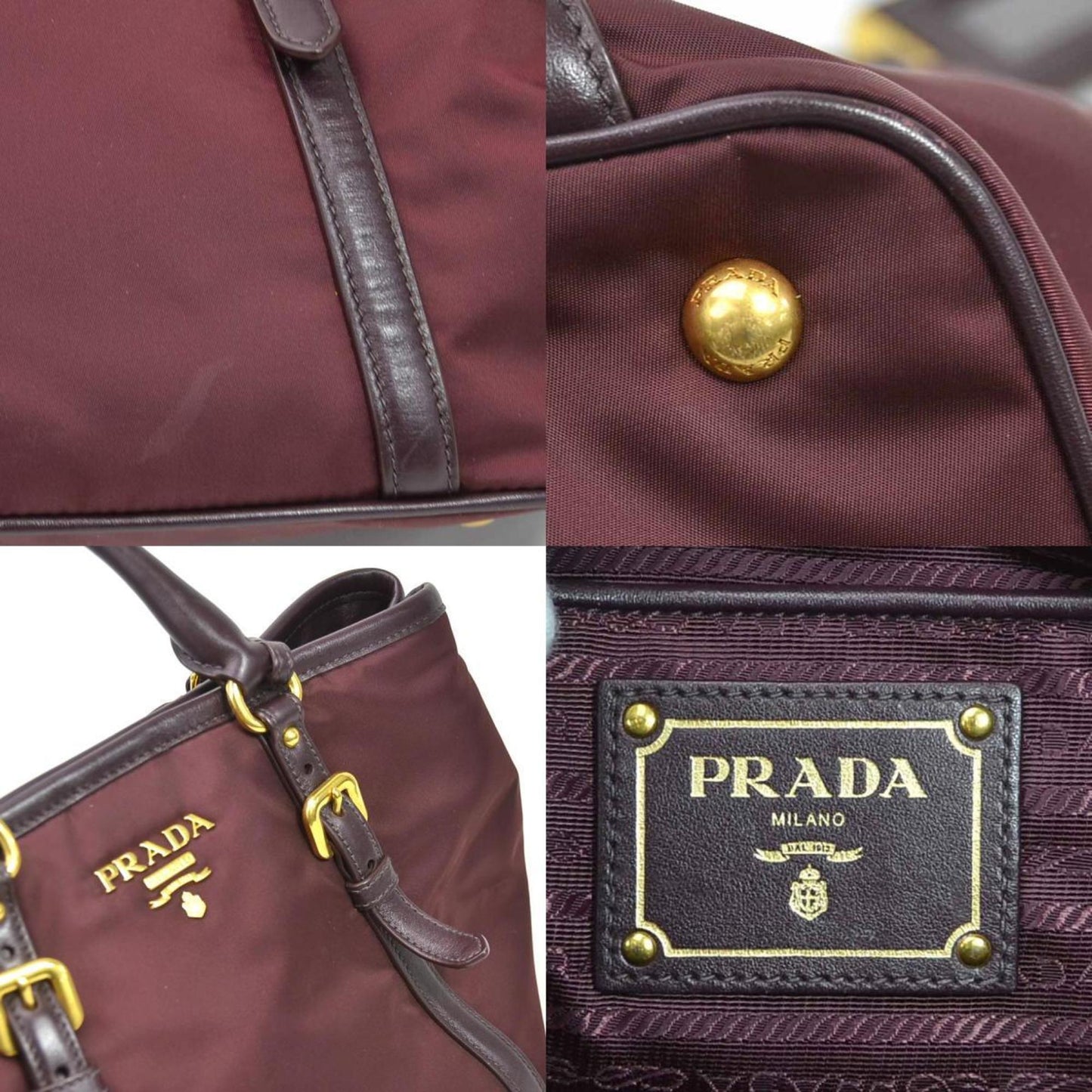 Prada Handbag Burgundy Ladies Leather Nylon Gold Travel Bag