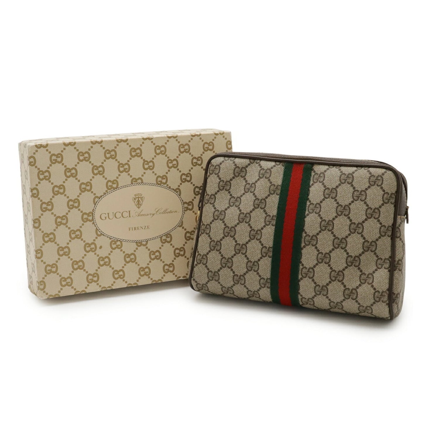 Gucci Beige Brown Green Red Color Coated Canvas Leather Clutch Bag