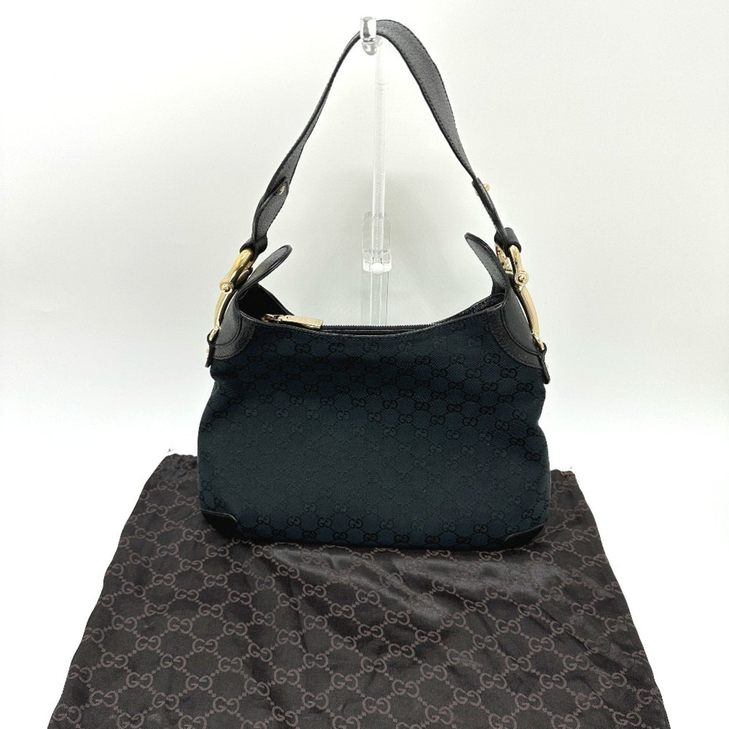 Gucci Horsebit Black Gg Canvas Leather Handbag Shoulder Bag