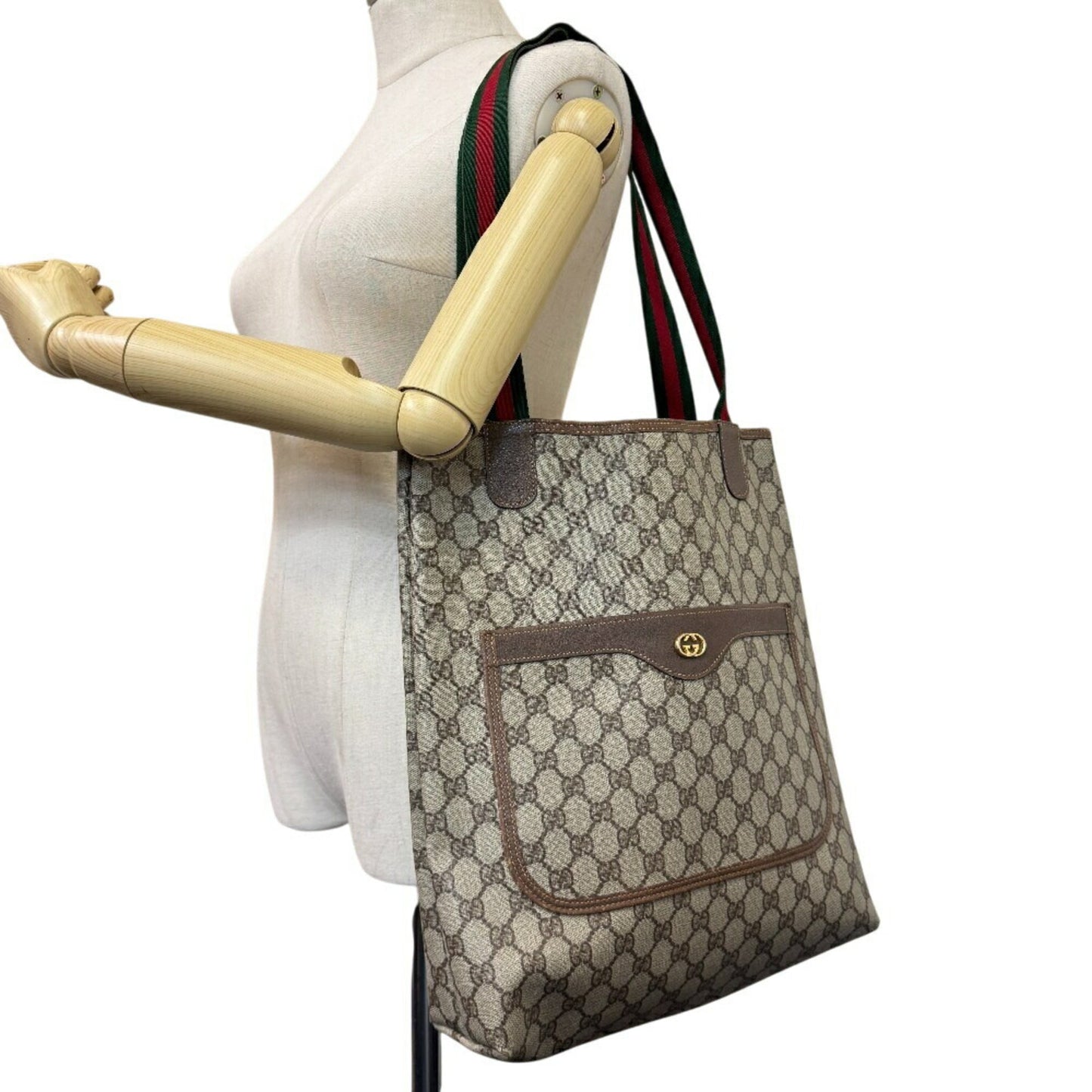 Gucci Sherry Line Beige Brown Green Red Color Pvc Canvas Tote Bag