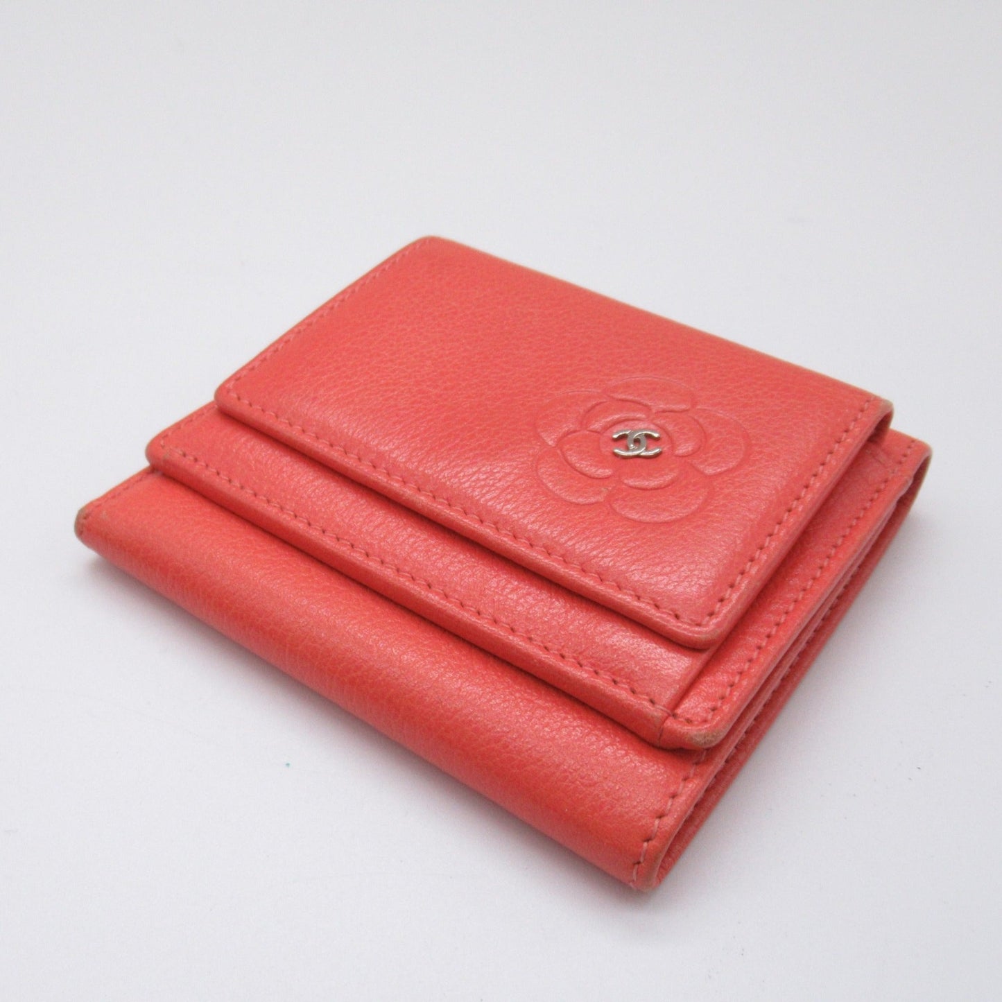 CHANEL Camellia Tri-fold Wallet Orange Calfskin (cowhide)