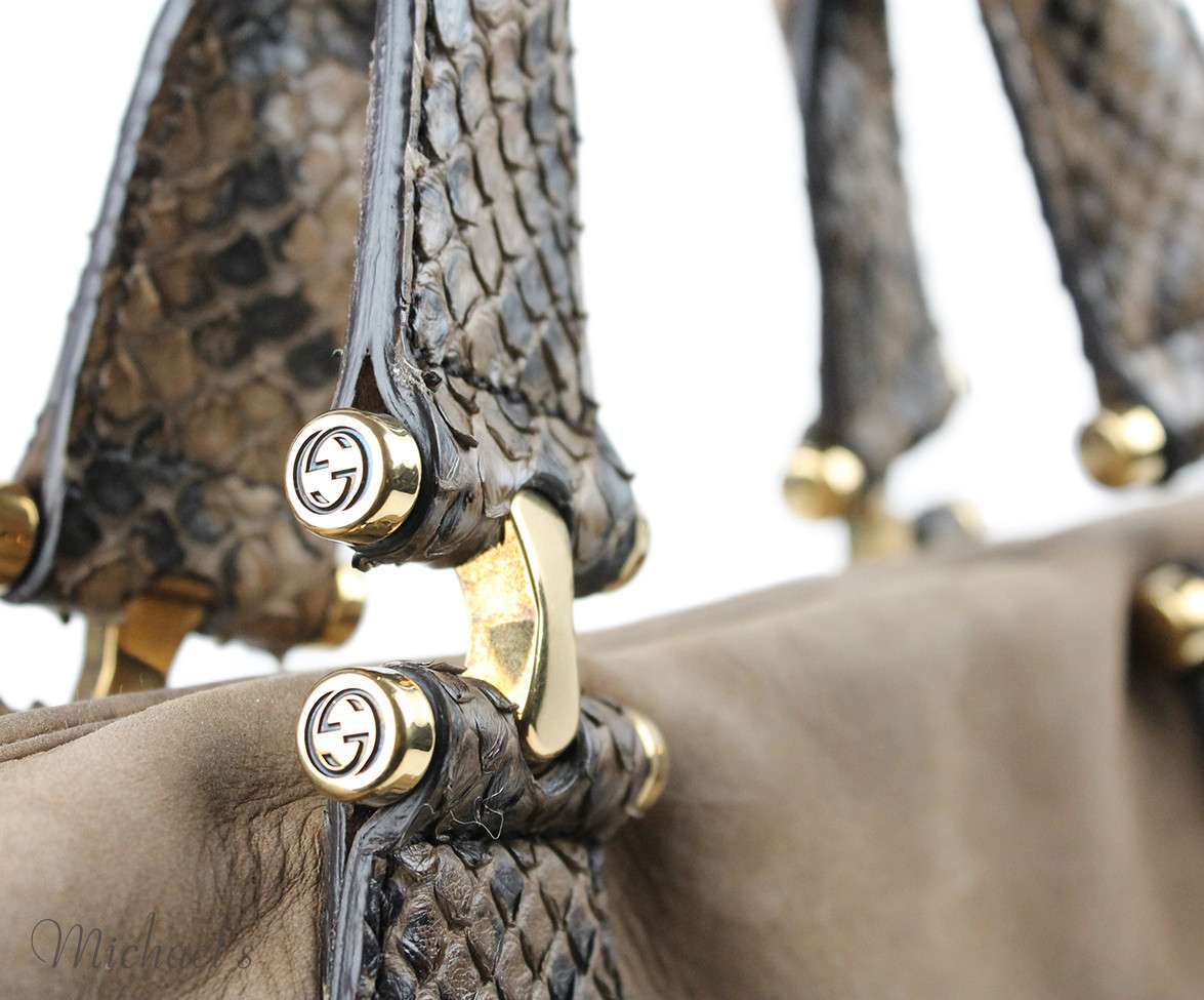 GUCCI TAUPE BROWN SUEDE SNAKE SKIN BAG