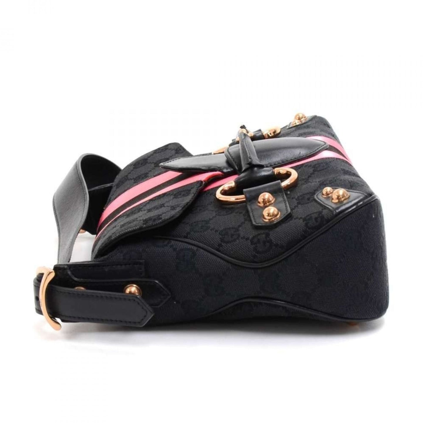 Gucci Black Guccissima Canvas Pink & Black Satin Stripe Horsebit Shoulder Bag