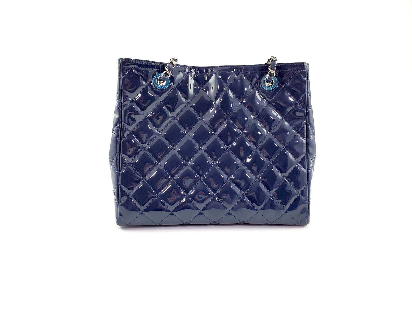 Chanel Coco Shine Small Navy Quilted Patent Pocket Shopping Tote