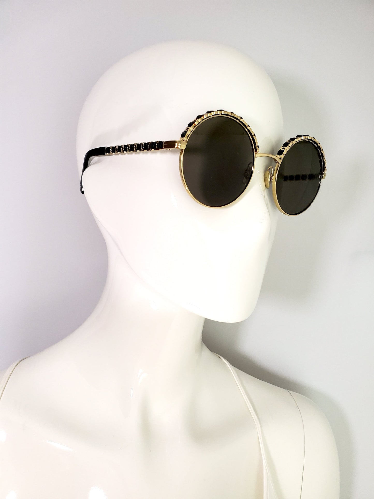 Chanel New in Stores Now 4265Q Round Gold Black Metal Leather Sunglasses