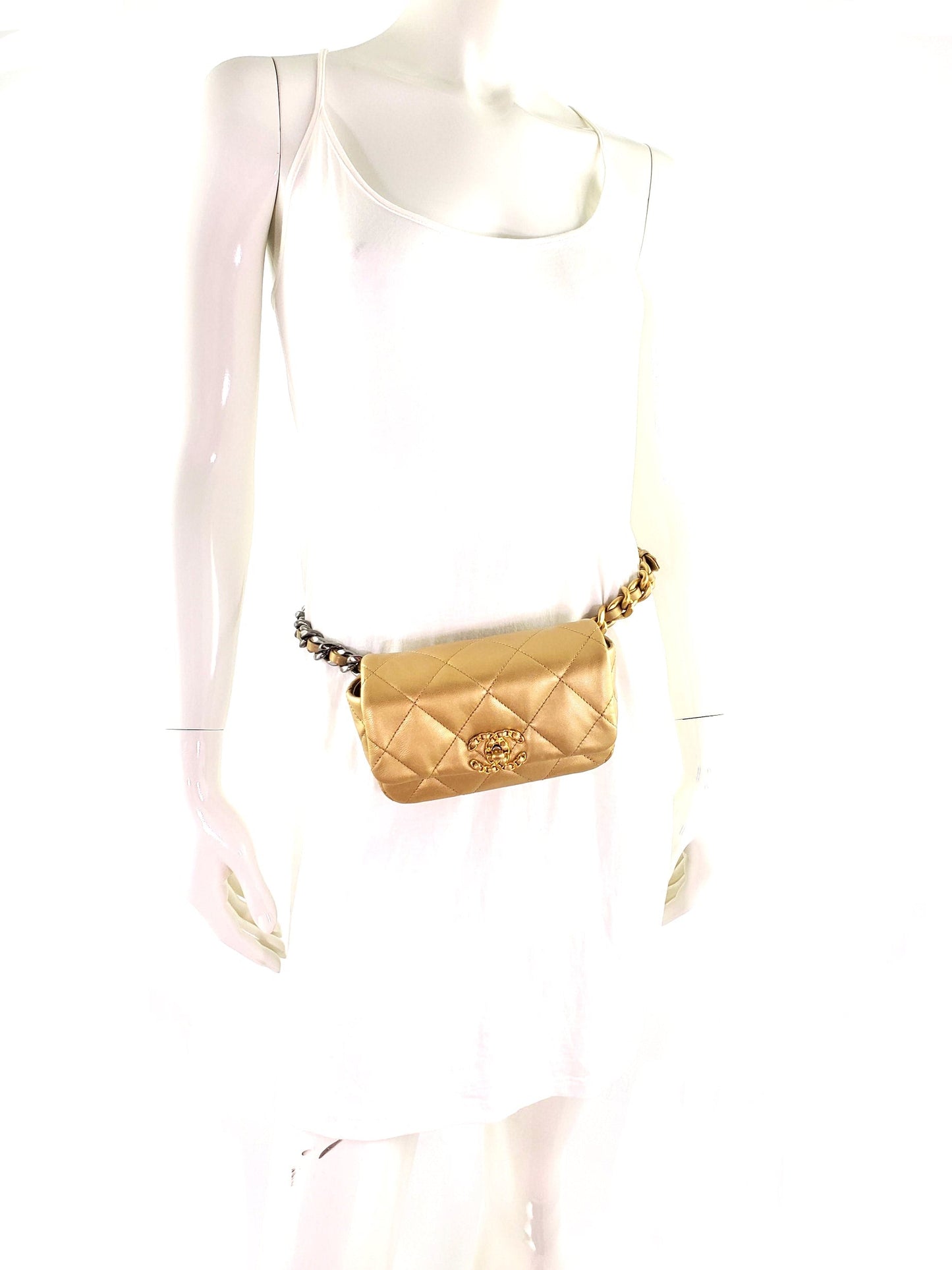 Chanel 19 Metallic Gold Goatskin Quilted Waist Belt Bag