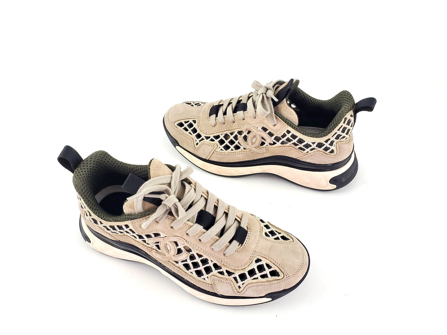 Chanel 2021 Beige Suede Perforated Logo Sneakers 37.5 for Women
