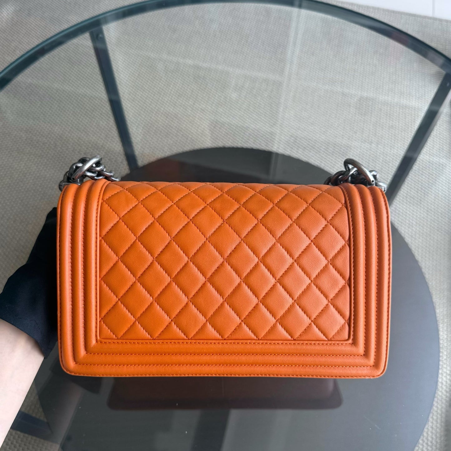 Chanel Boy Medium - 25CM Quilted Lambskin Orange Ruthenium Silver Hardware Series 20