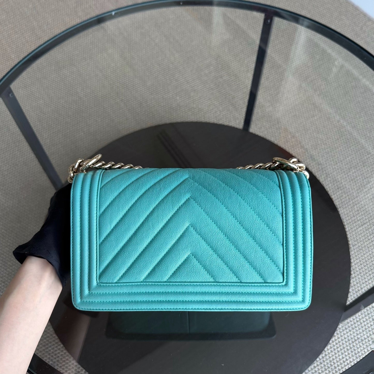 Chanel Boy Medium - 25CM Chevron Cyan Blue Gold Hardware Series 27