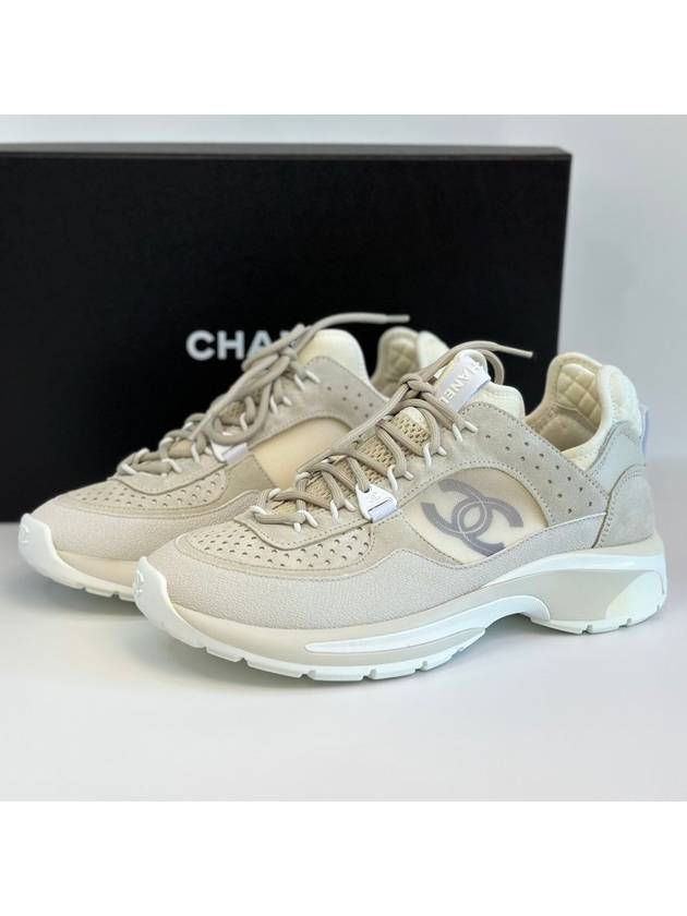 CC Logo Fabric Suede Calfskin Mesh Low Top Sneakers White Chanel