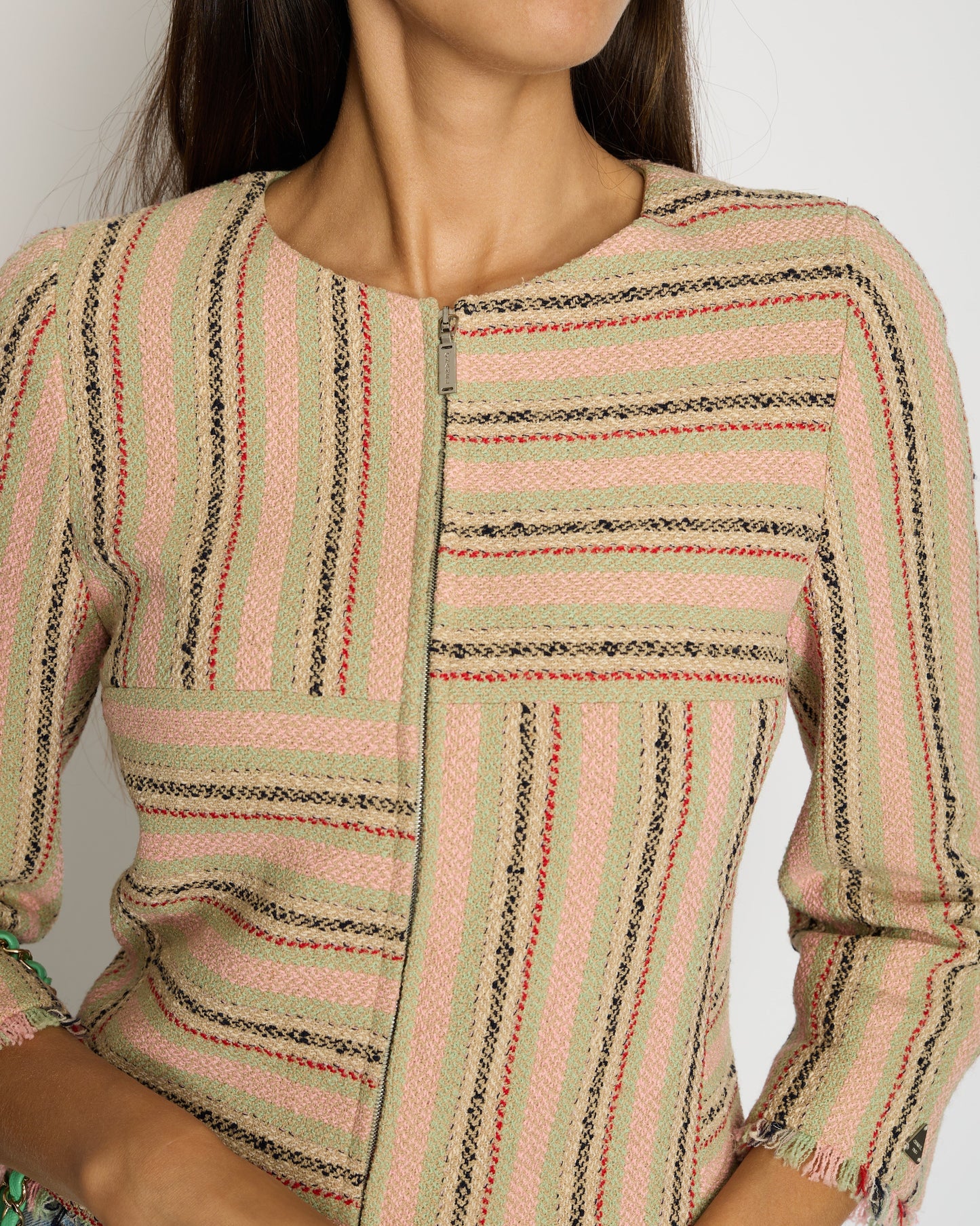 Chanel 00/C Pink, Green Beige Round Neck Long Sleeve Striped Jacket FR 34 (UK 6)