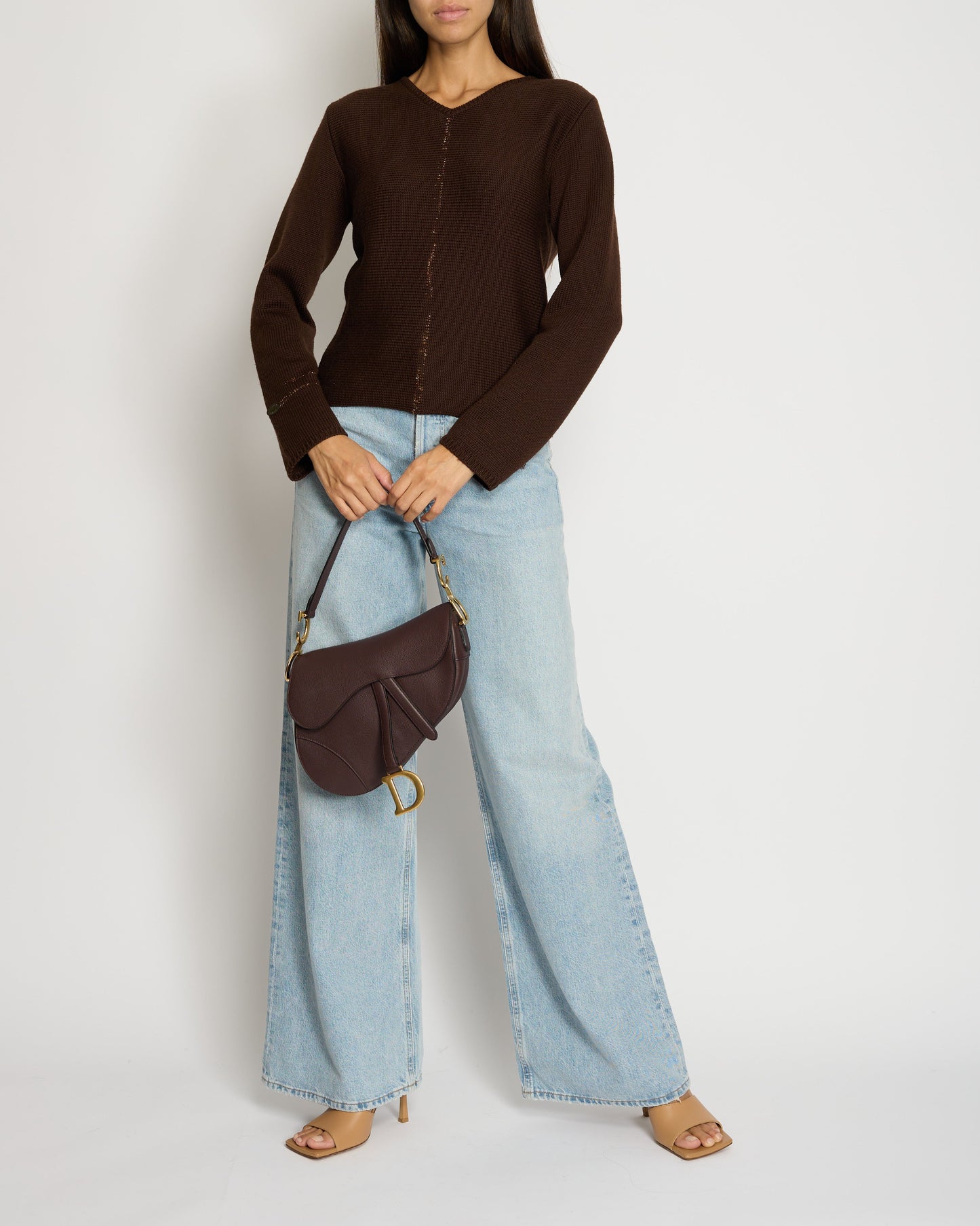Chanel 99/a Brown V Neck Knitted Jumper with Gold Stitch Detail Fr 38 (uk 10) Handbag