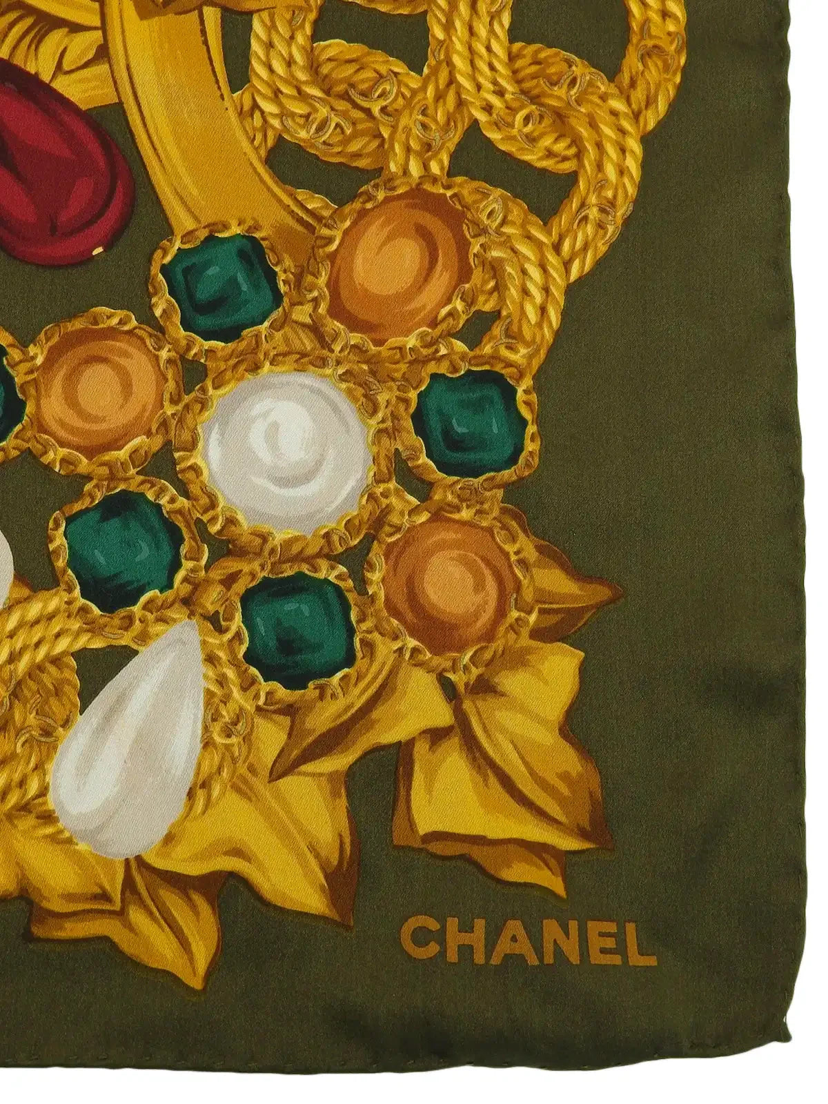 Chanel Cc Mark Gripoix Jewelry Pattern Scarf Khaki/Multi