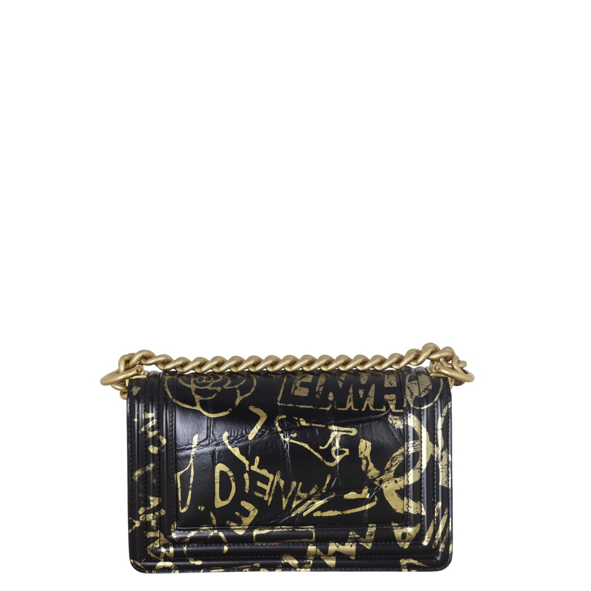 Chanel Boy Croc Embossed Graffiti Handbag Black Small Shoulder Bag
