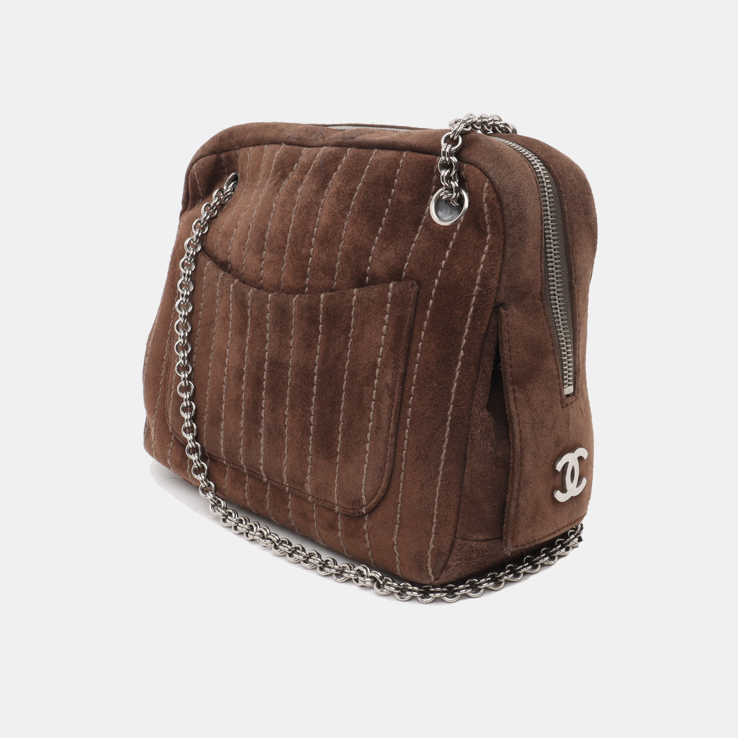 Chanel Mademoiselle Camera Chocolate Suede Brown Silver Crossbody Bag