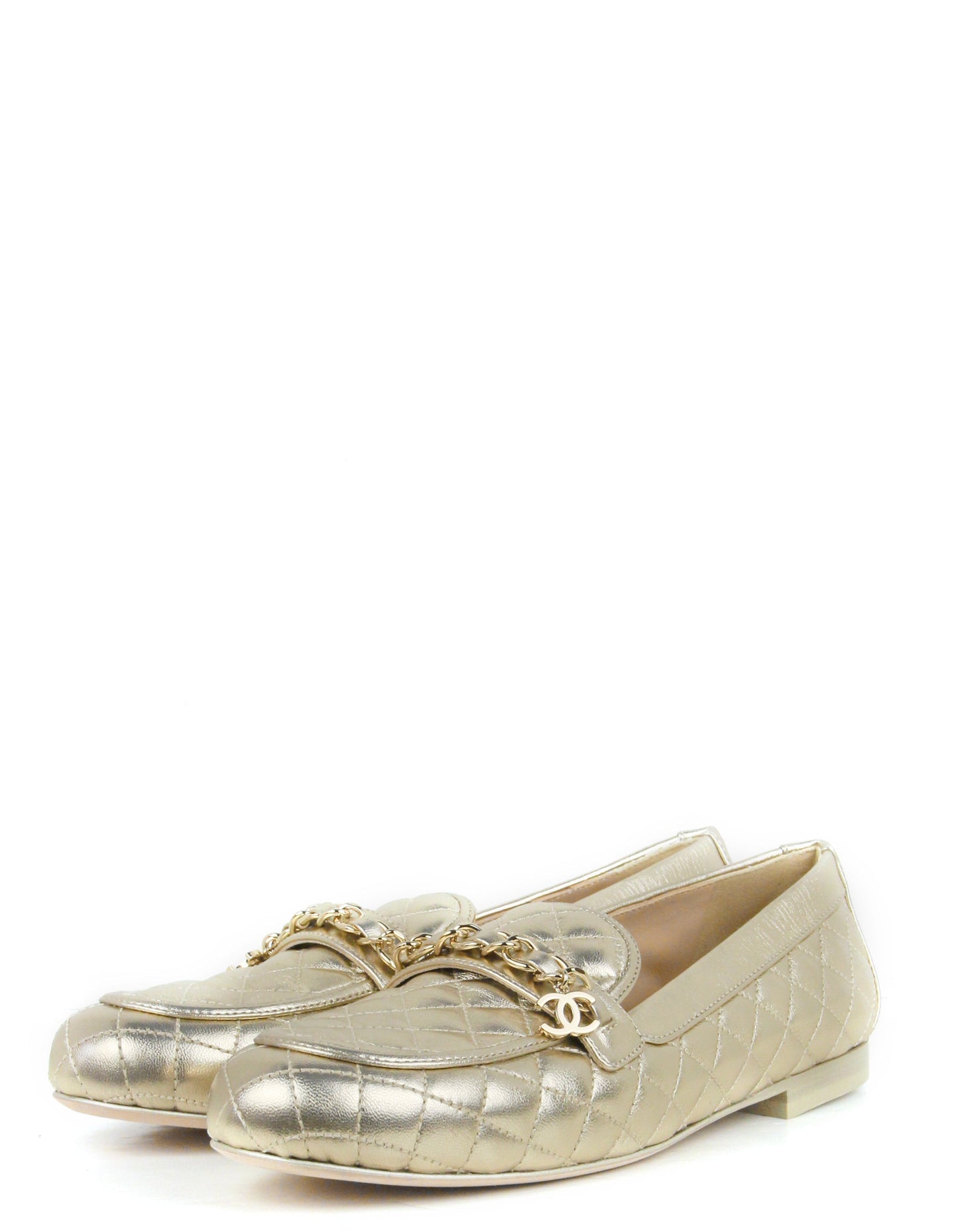 Chanel Gold Lambskin Quilted Chain CC Loafers Sz 39C for Women