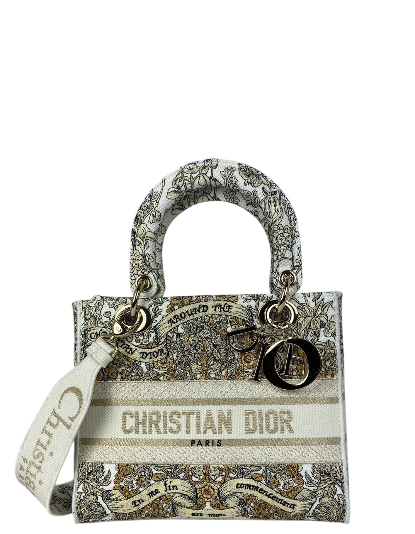 Dior Handbag Embroidered Lady D-Lite Leather Canvas White Crossbody Bag