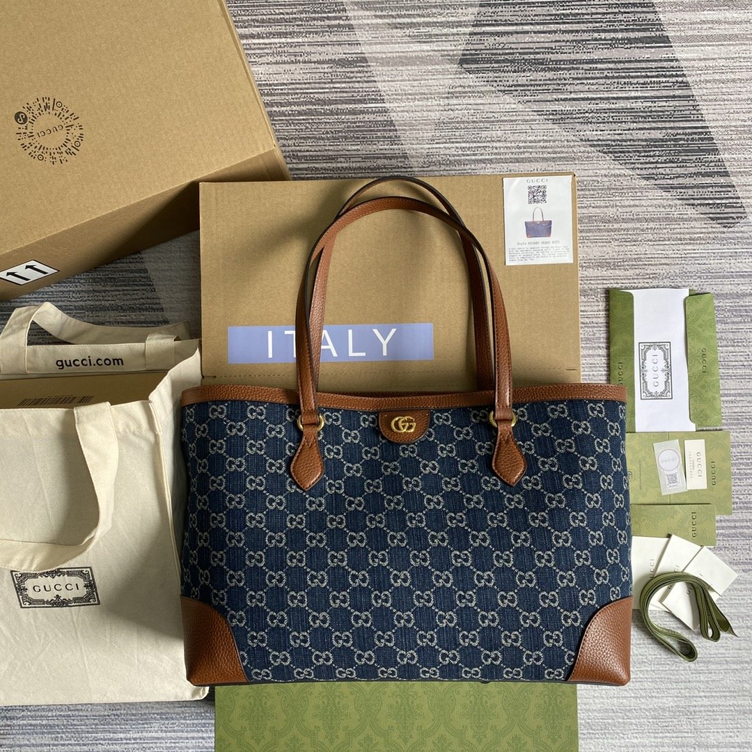 gg Ophidia gg Dark Ivory Denim Blue Medium Tote Bag