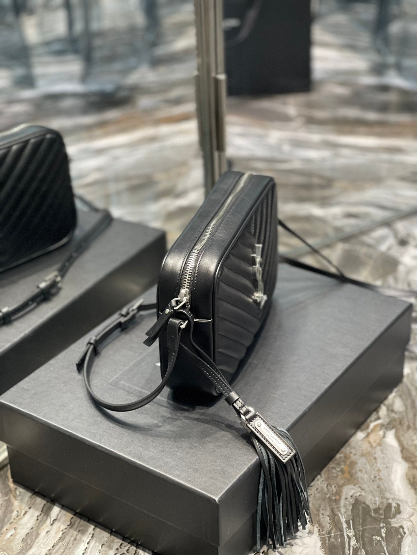 YSL Saint Laurent Lou Camera Toned Hardware 9in Black Silver Crossbody Bag