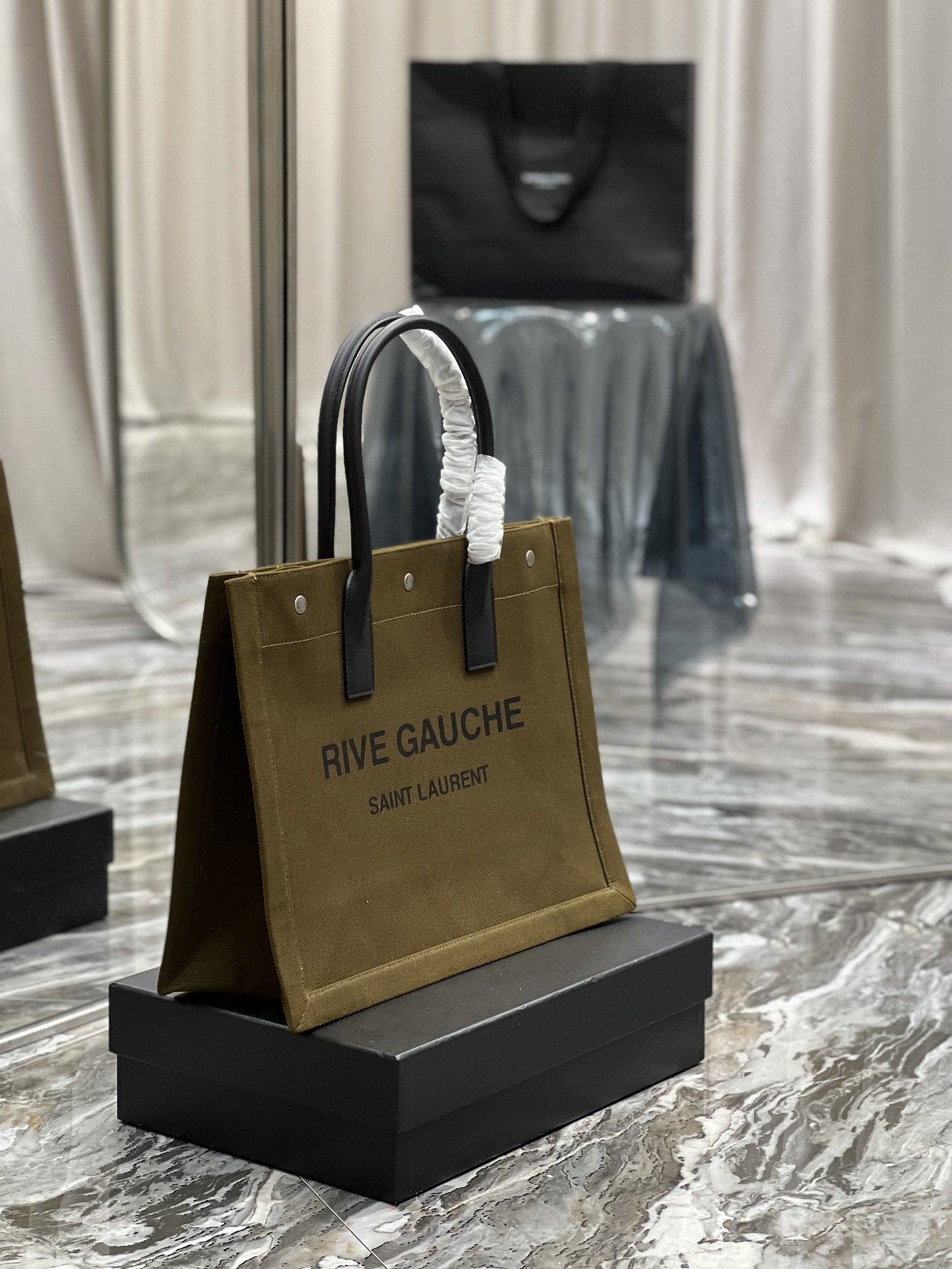 YSL Saint Laurent Rive Gauche Linen Khaki 15in Brown Small Tote Bag
