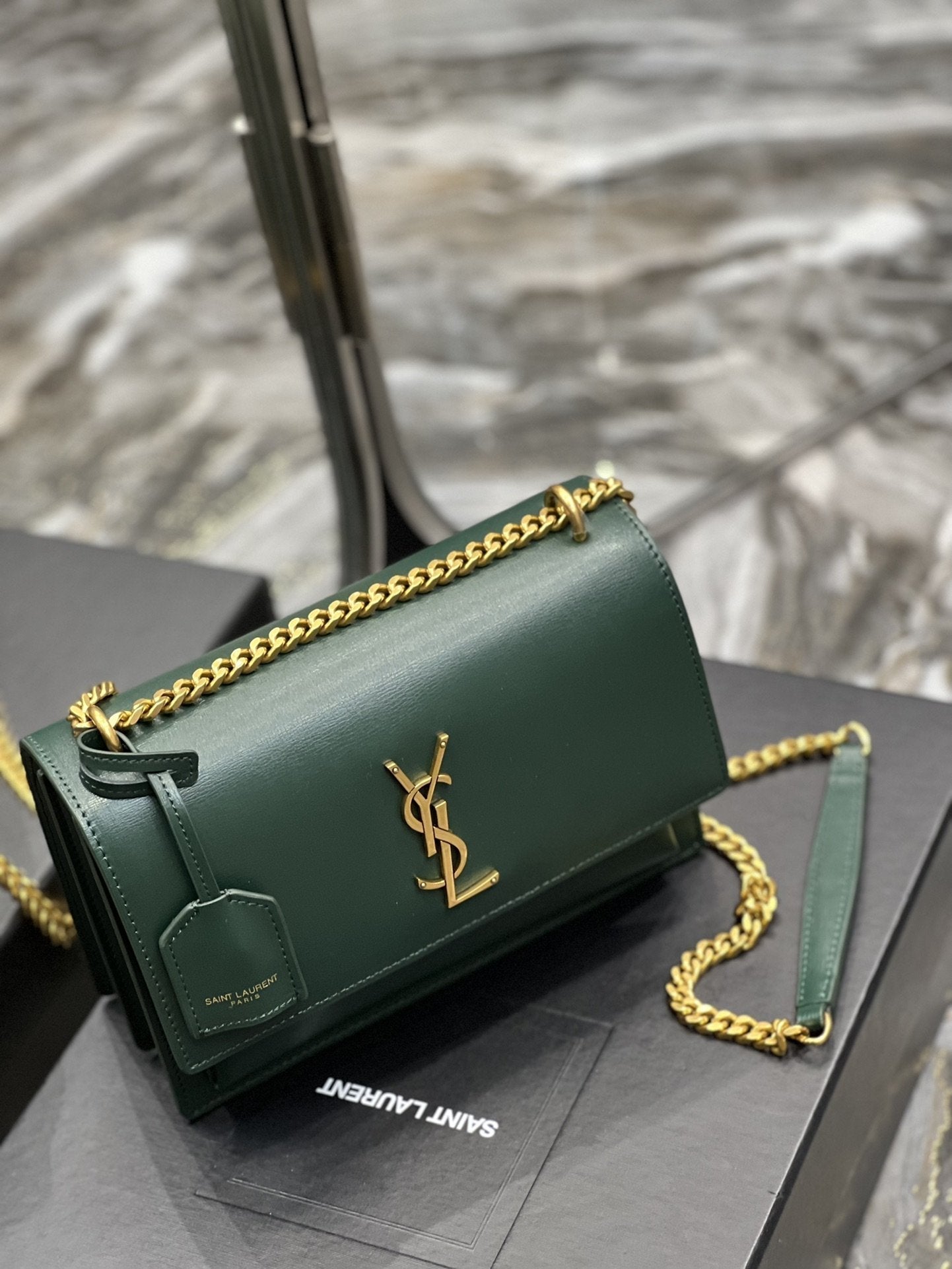 YSL Saint Laurent Sunset 8in 22cm Green Medium Chain Handbag