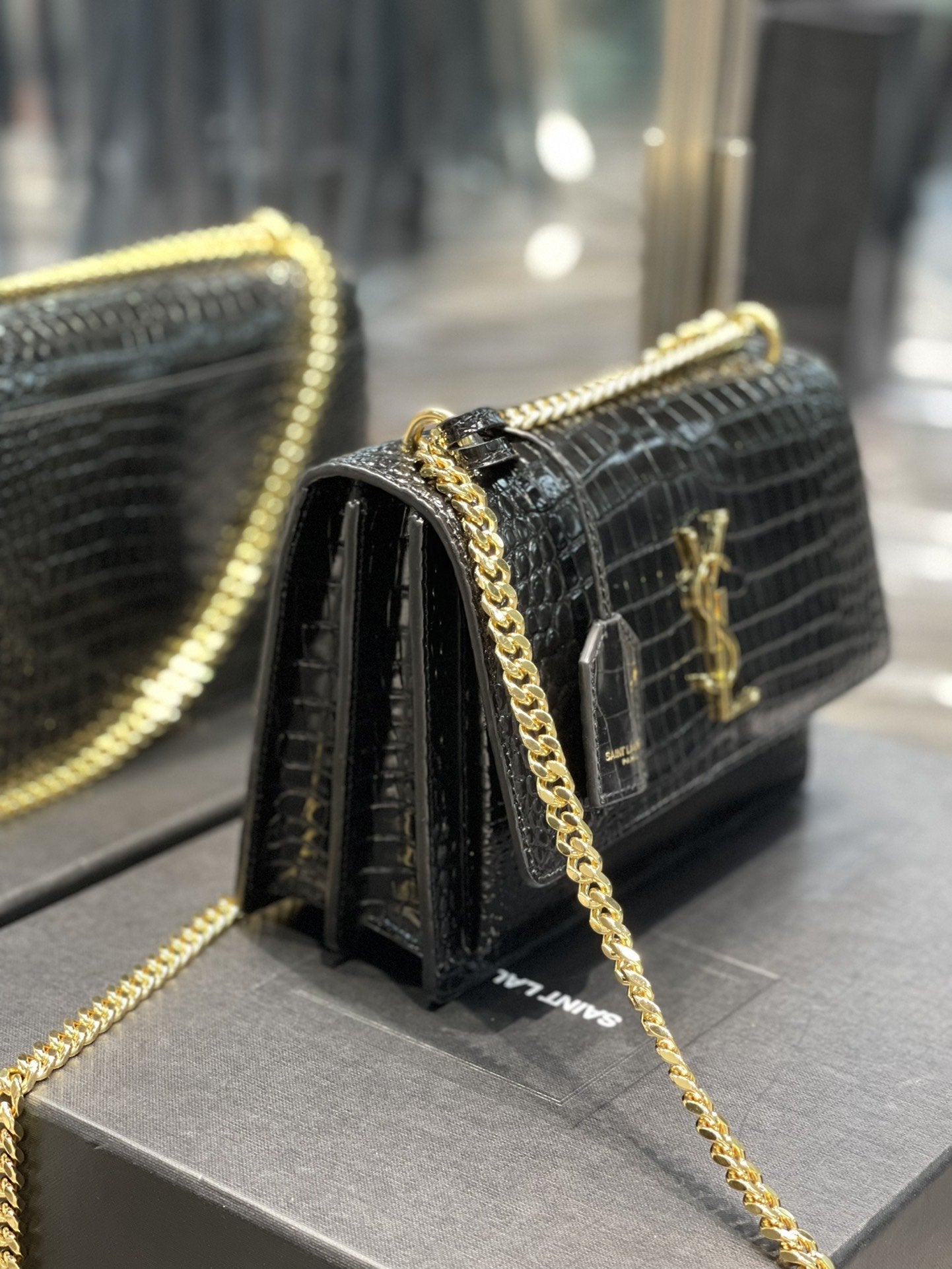 YSL Saint Laurent Sunset 8in 22cm Black Medium Chain Handbag Ysl 442906Dnd0J1000