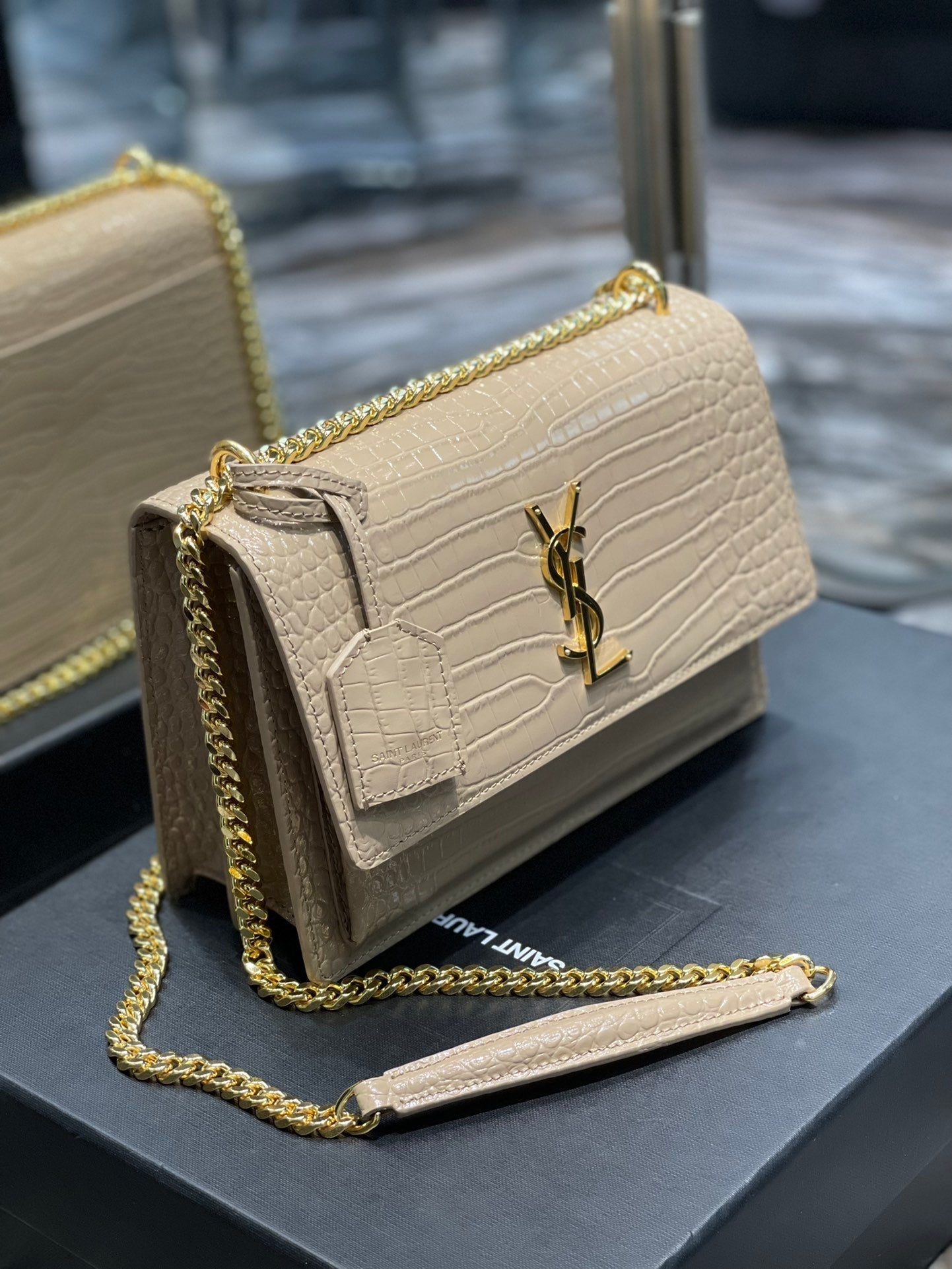 YSL Saint Laurent Sunset Handbag Chain Travel Bag Women 86In22Cm Beige