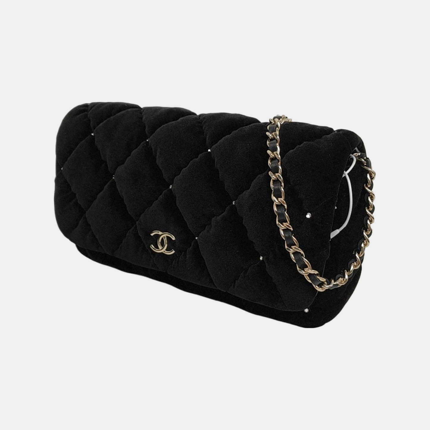 Chanel Flap Velvet Gem Studded Hardware Microchip Black Silver Mini Bag